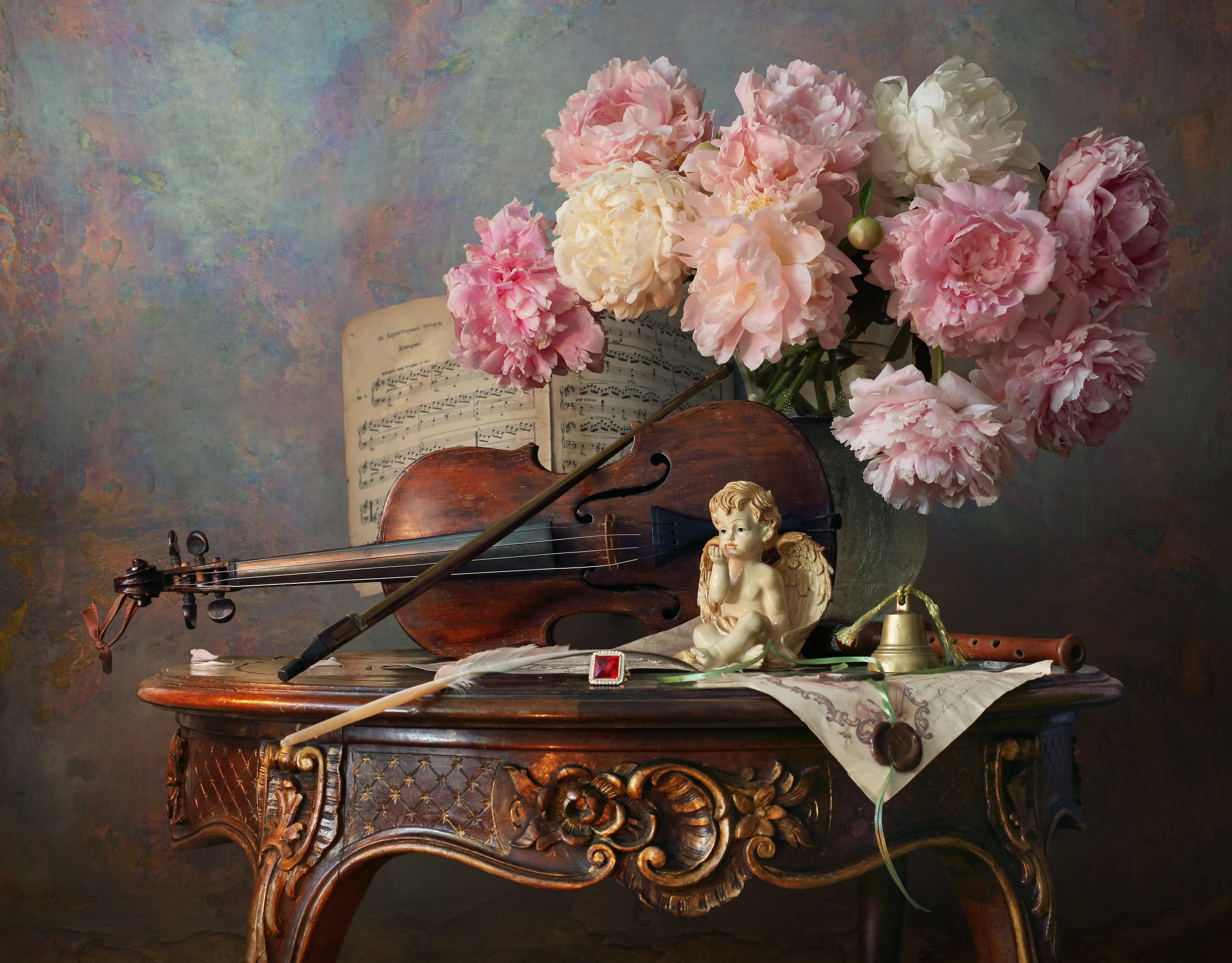 пионы, цветы, скрипка, ангел, скульптура, букет, музыка, Андрей Морозов