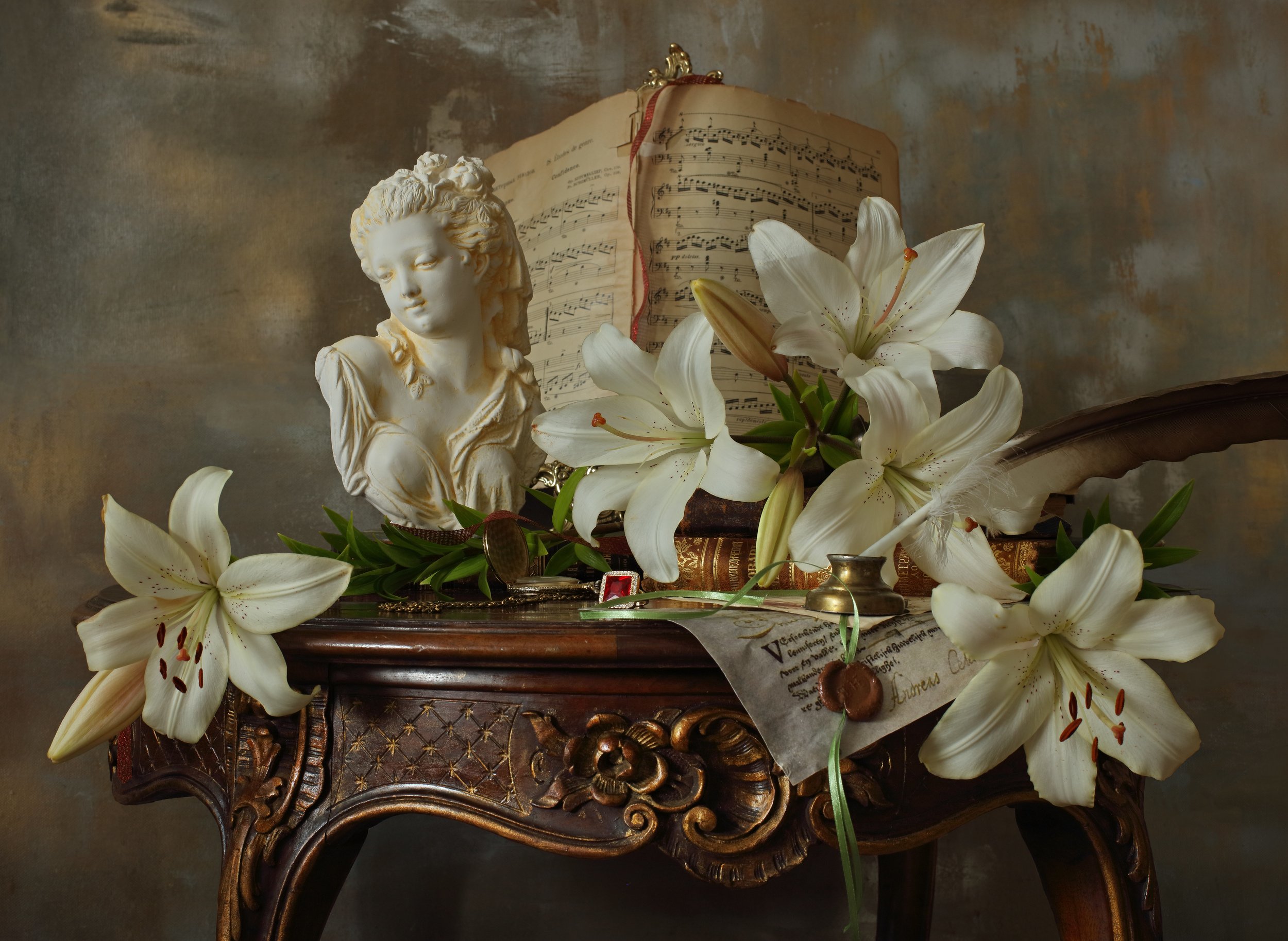 цветы, лилии, девушка, скульптура, Андрей Морозов