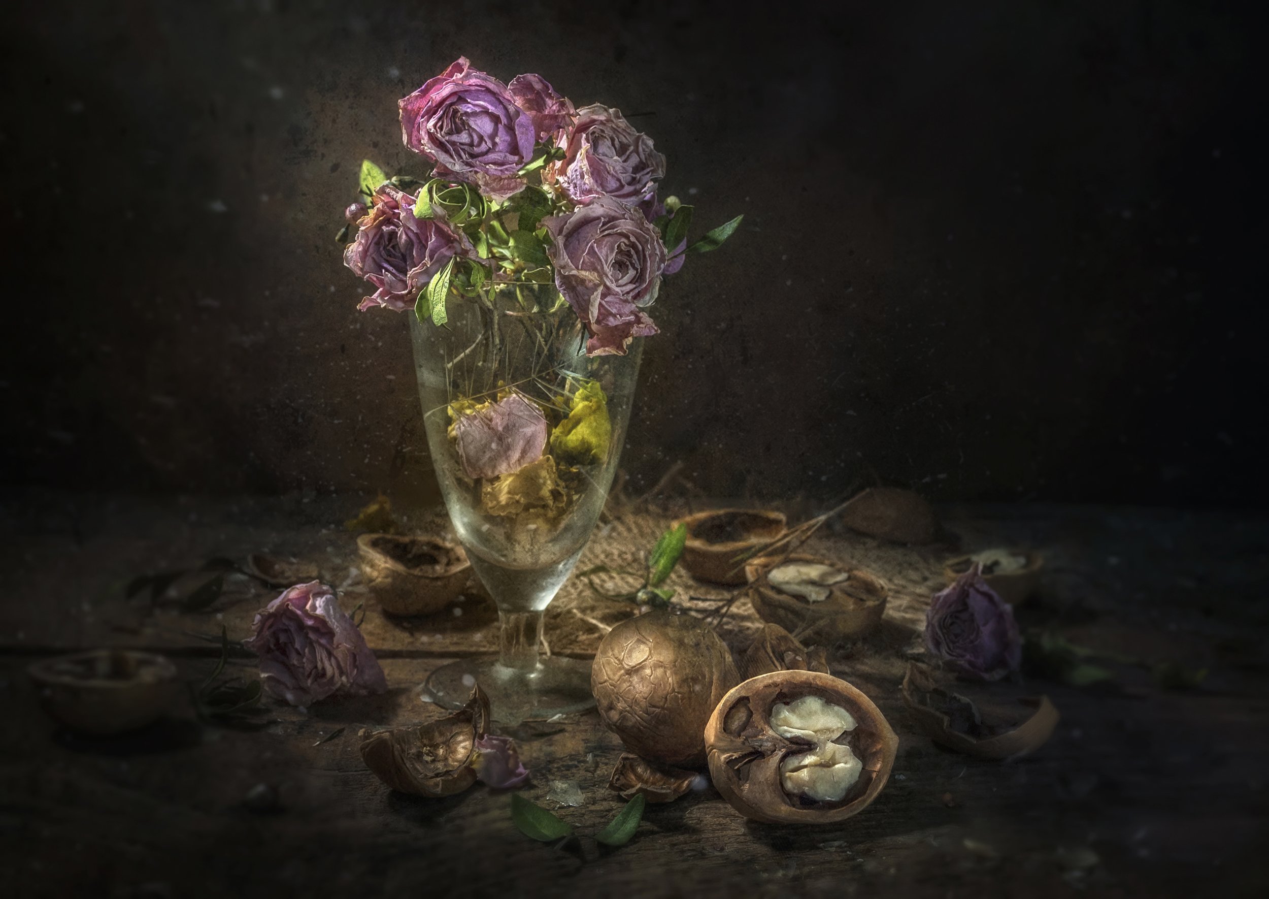 розовый,розы,цветы,засохшие,старые,лепестки,стопка,грецкие орехи,скорлупа,тёмный,воспоминание, Владимир Володин