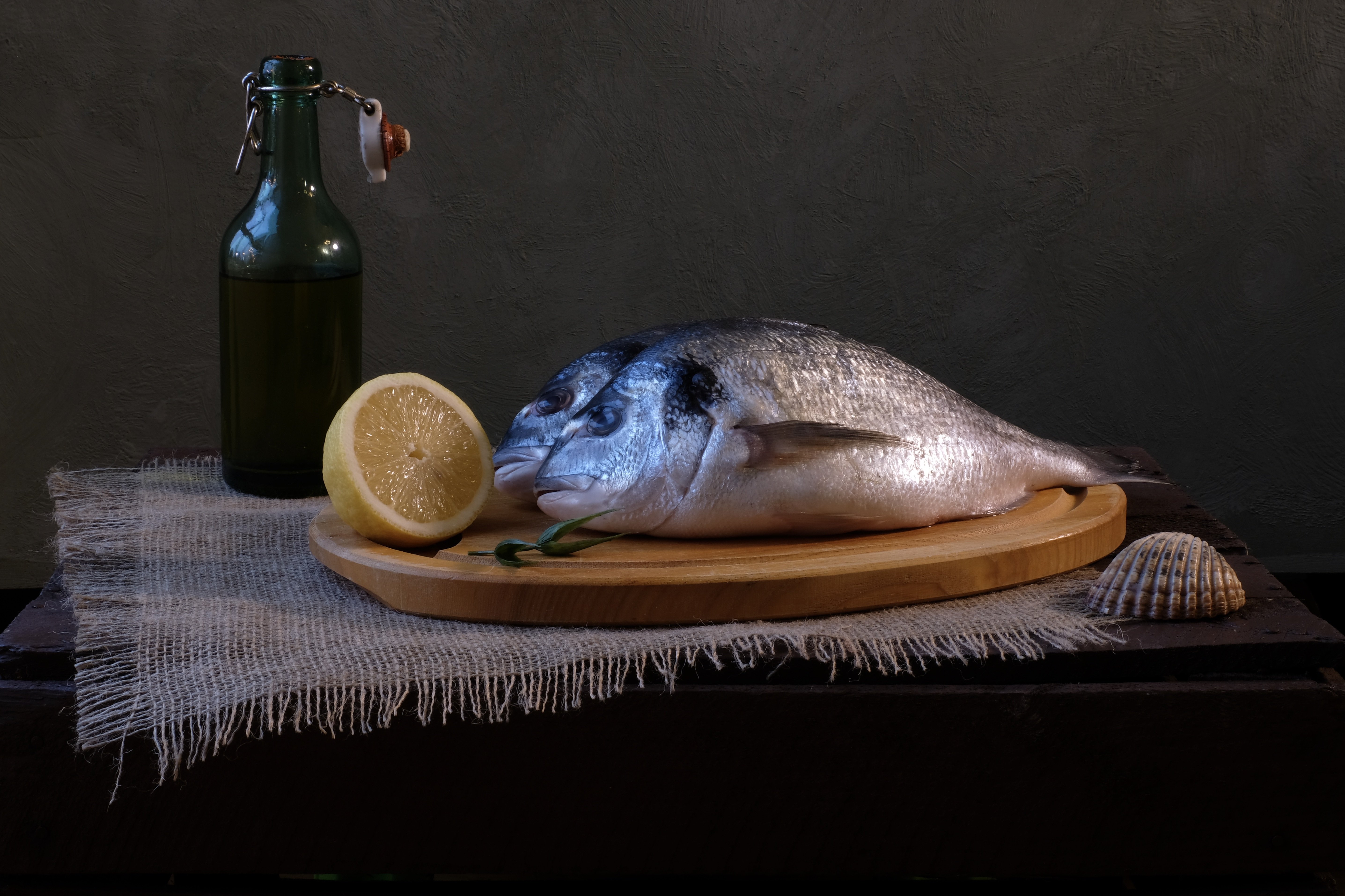 Still life, fish, lemon, dorado, shell, oil, food, , Svetlana Povarova Ree