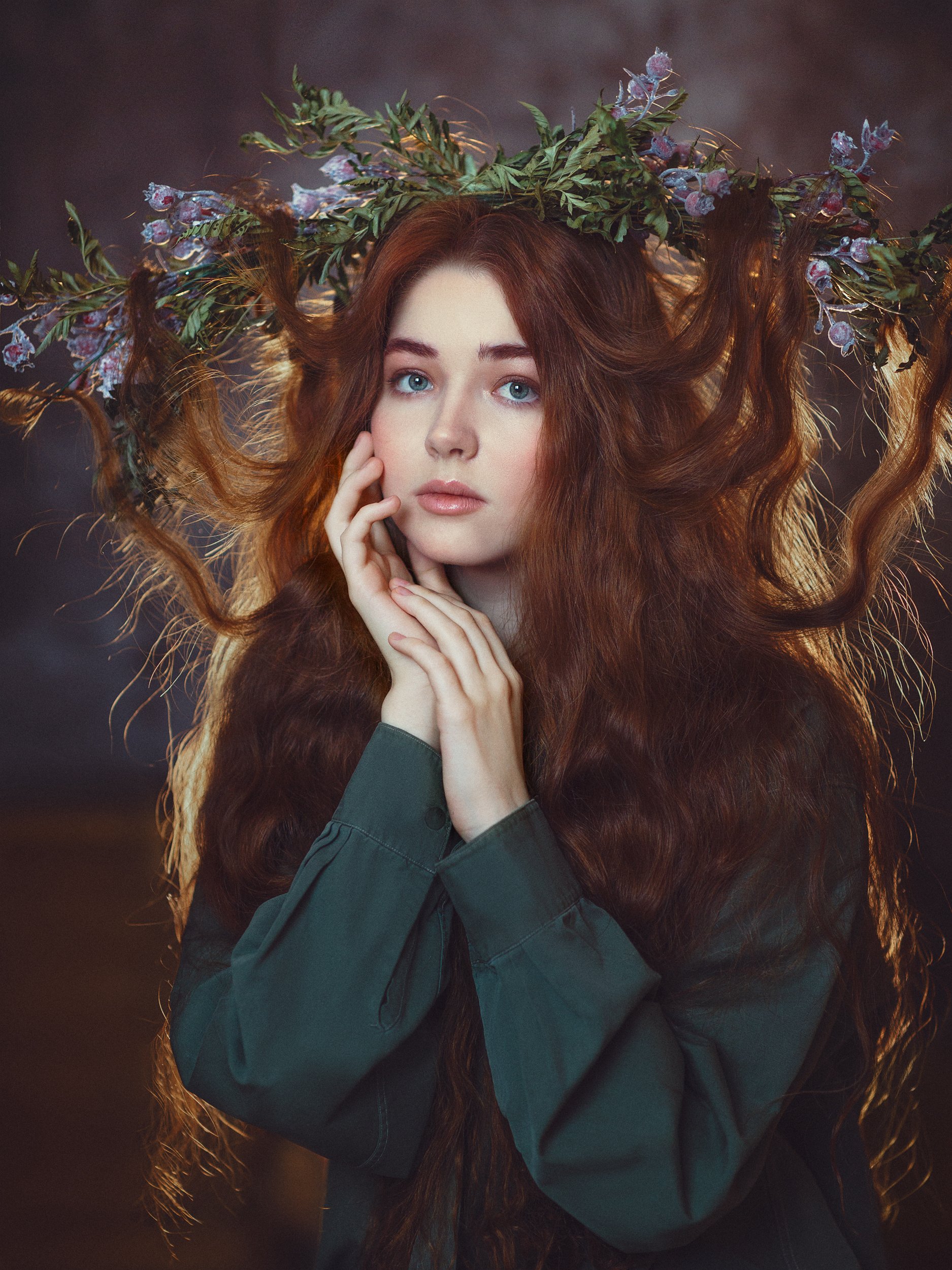 длинноволосая красавица, рыжие волосы, зеленые глаза, венок, фея, нимфа, нежность, Оксана Ведмеденко