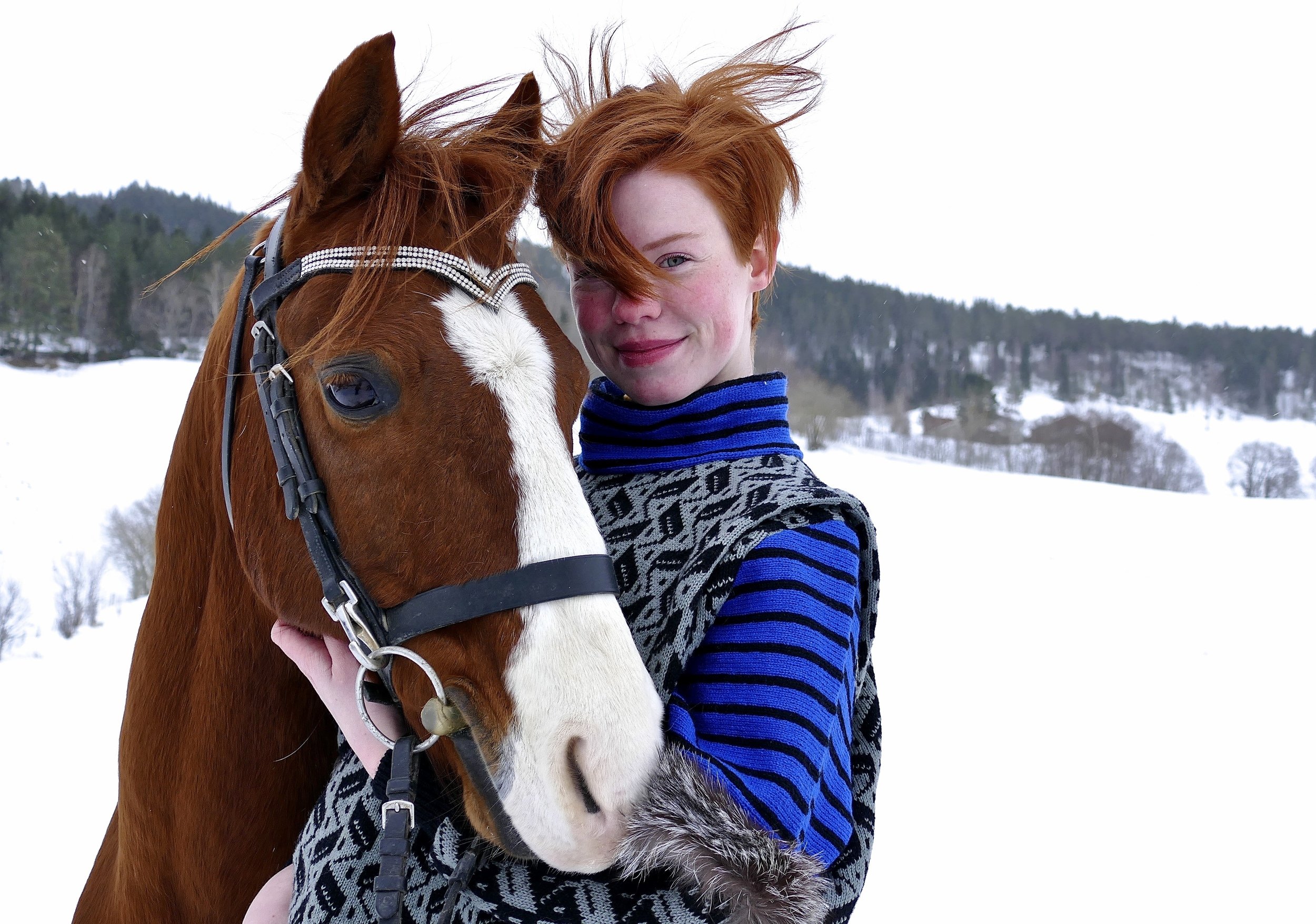 portrait, animals, horse, norway, colors, winter, forest, friend, people, bangs, friendship, blue, young, snow, red, Svetlana Povarova Ree