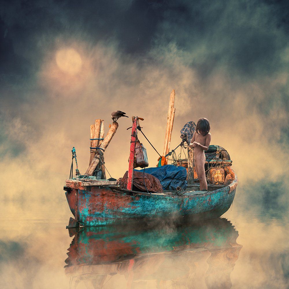 boar, clouds, fish, fisherman, fishing, gem, gold, manipulation, photoshop, psd, reflection, sky, tutorials, water, bird, boat, can, crow, girl, line, red, tire, wood, Caras Ionut