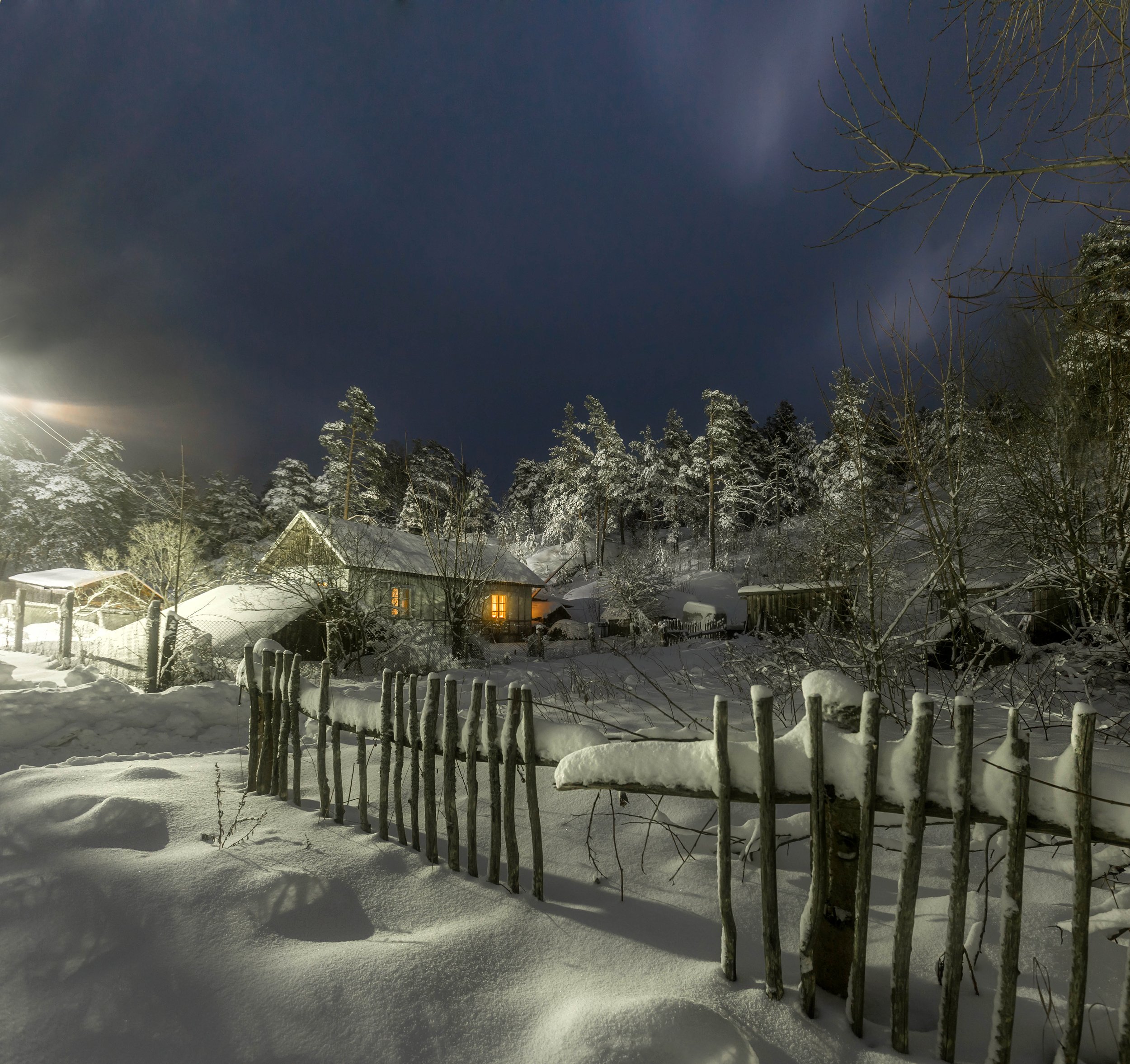 деревня, карелья, ночь, снег, зима, пейзаж , россия, Павел Ващенков