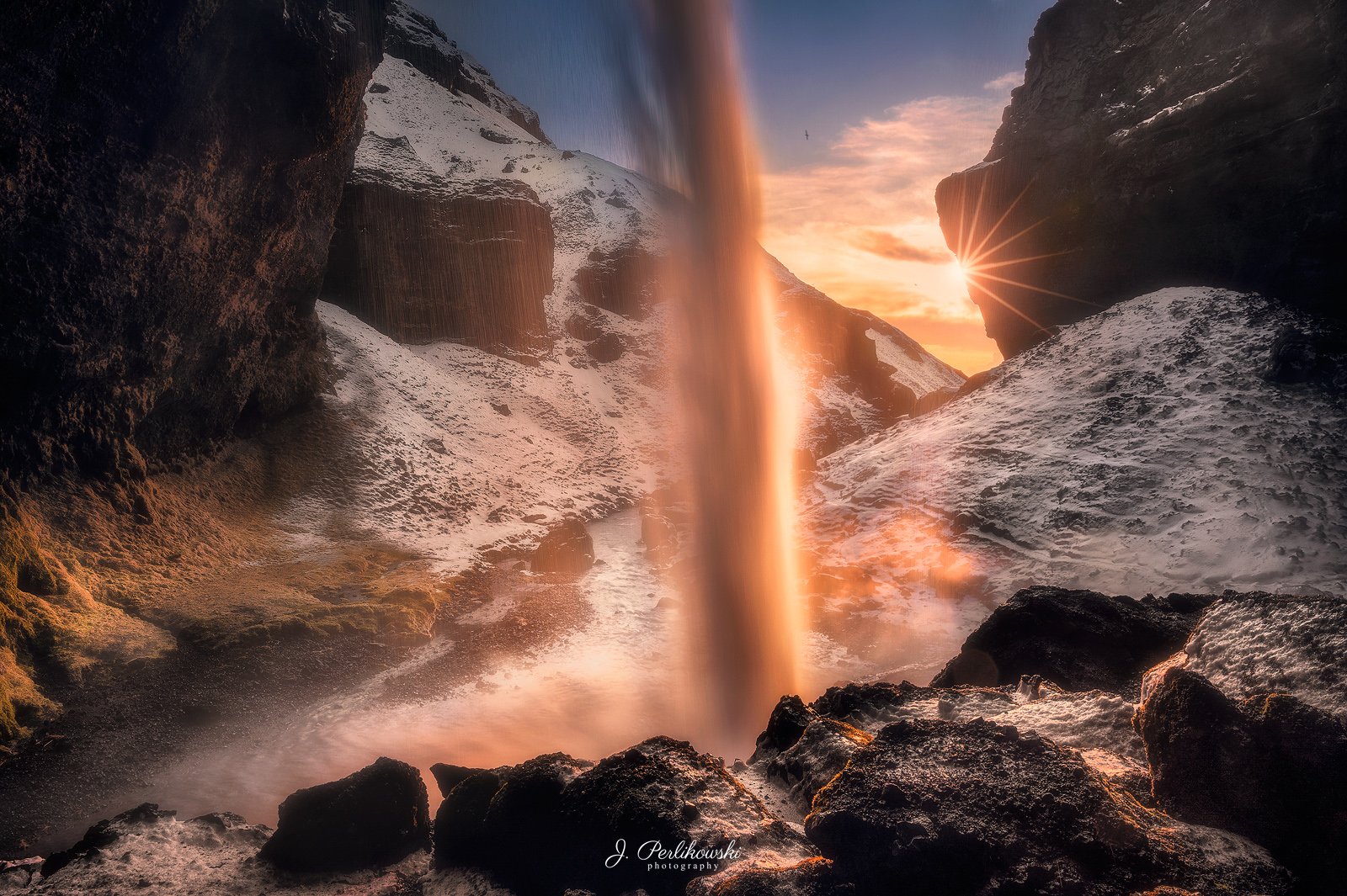 iceland, sunset, waterfall, Jakub Perlikowski