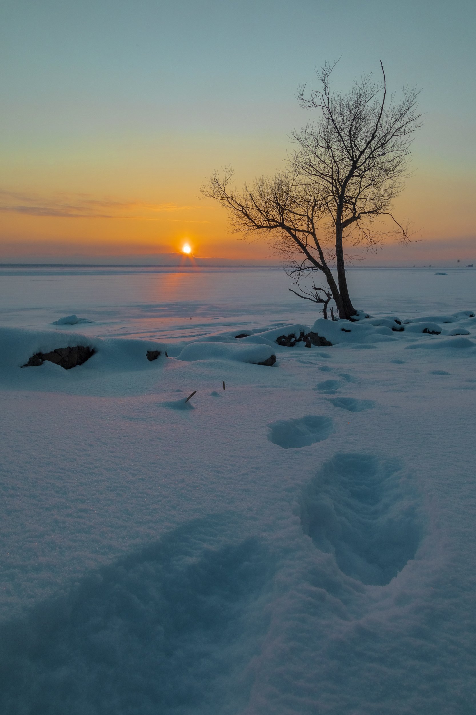 зима, вечер, залив, закат, пейзаж, Александр Игнатьев