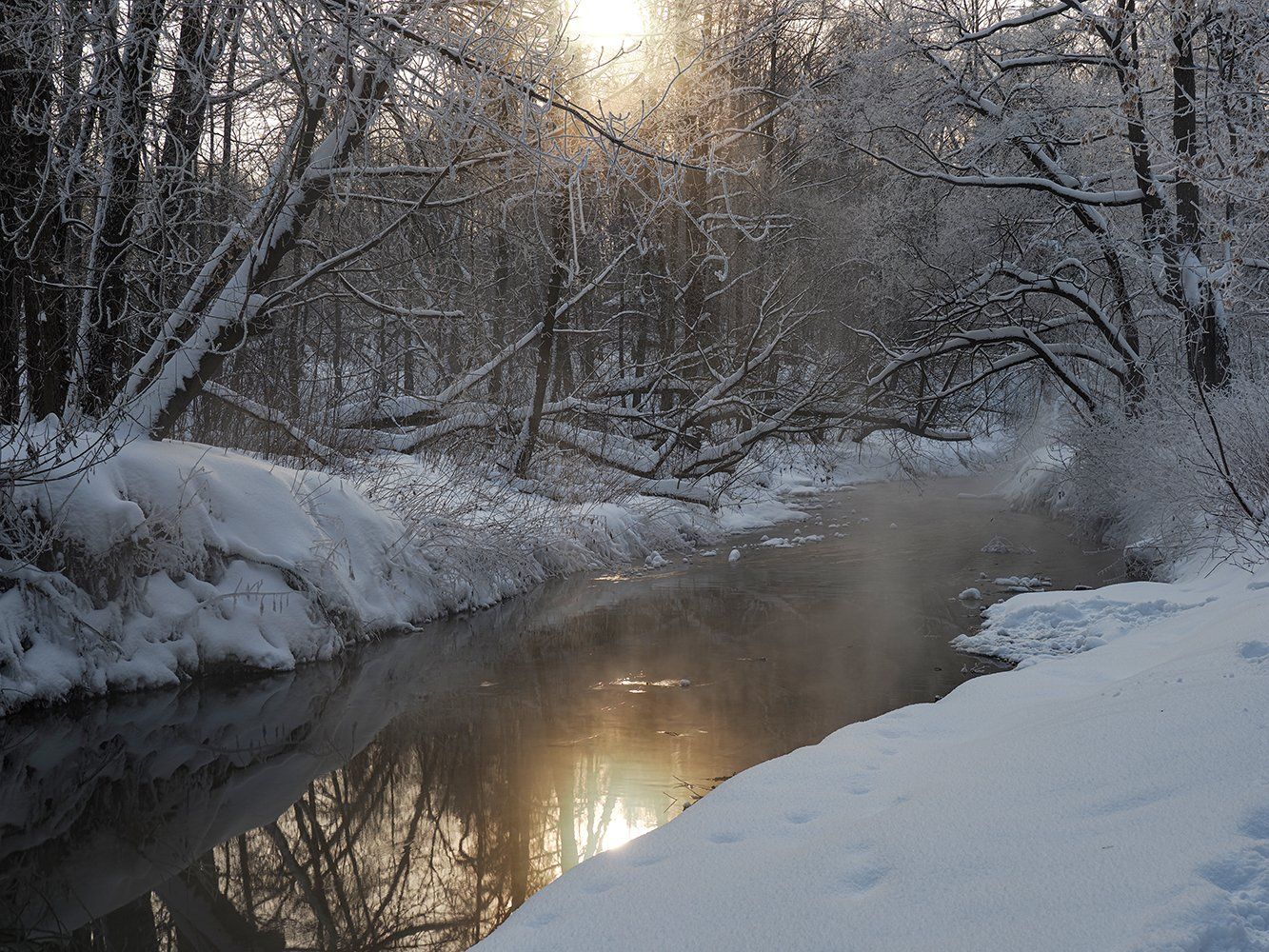 зима, река, солнце, снег, Сергей Духанин