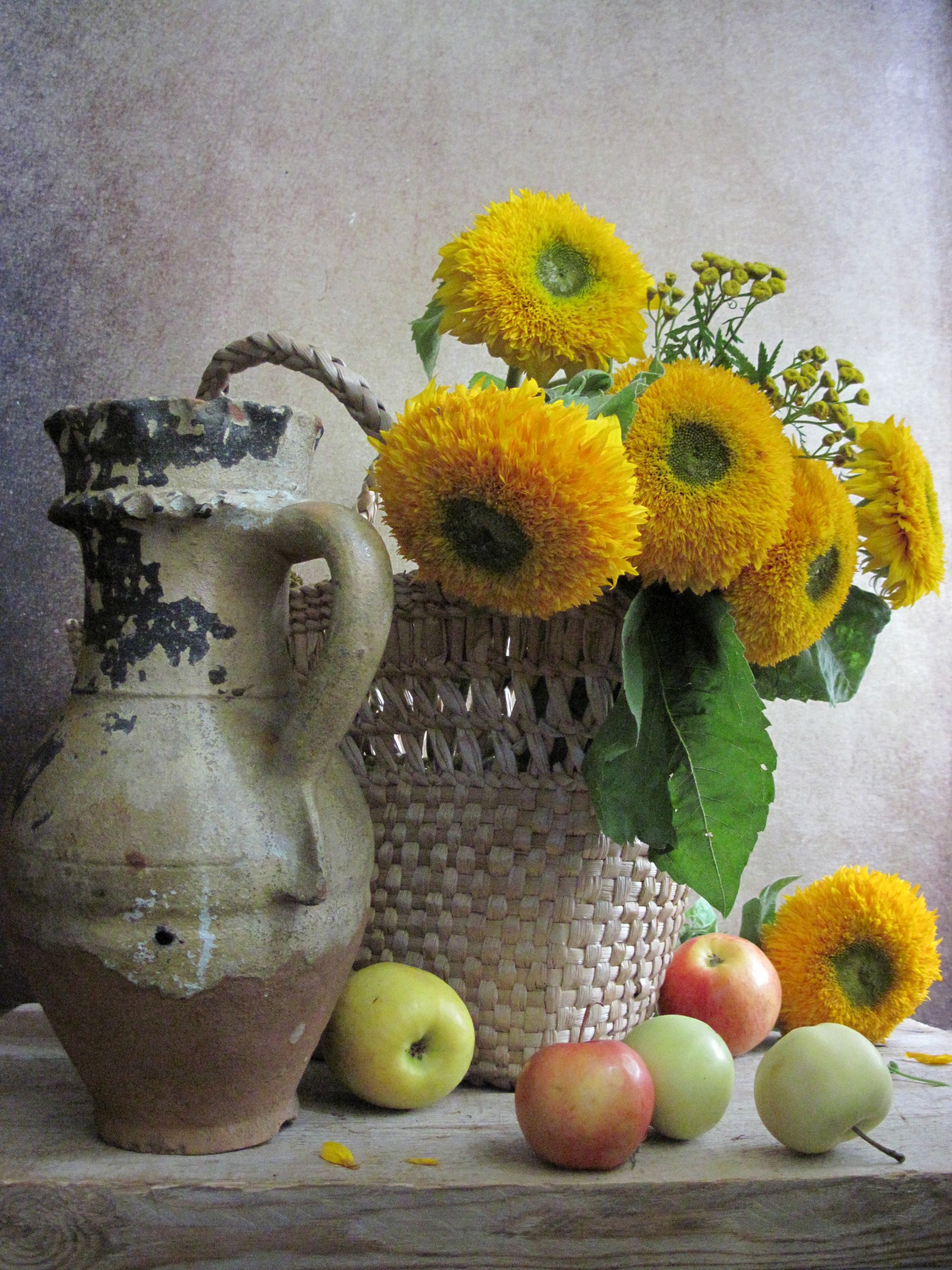 цветы, букет, подсолнухи, пижма, кувшин, плетенка, Наталия Тихомирова