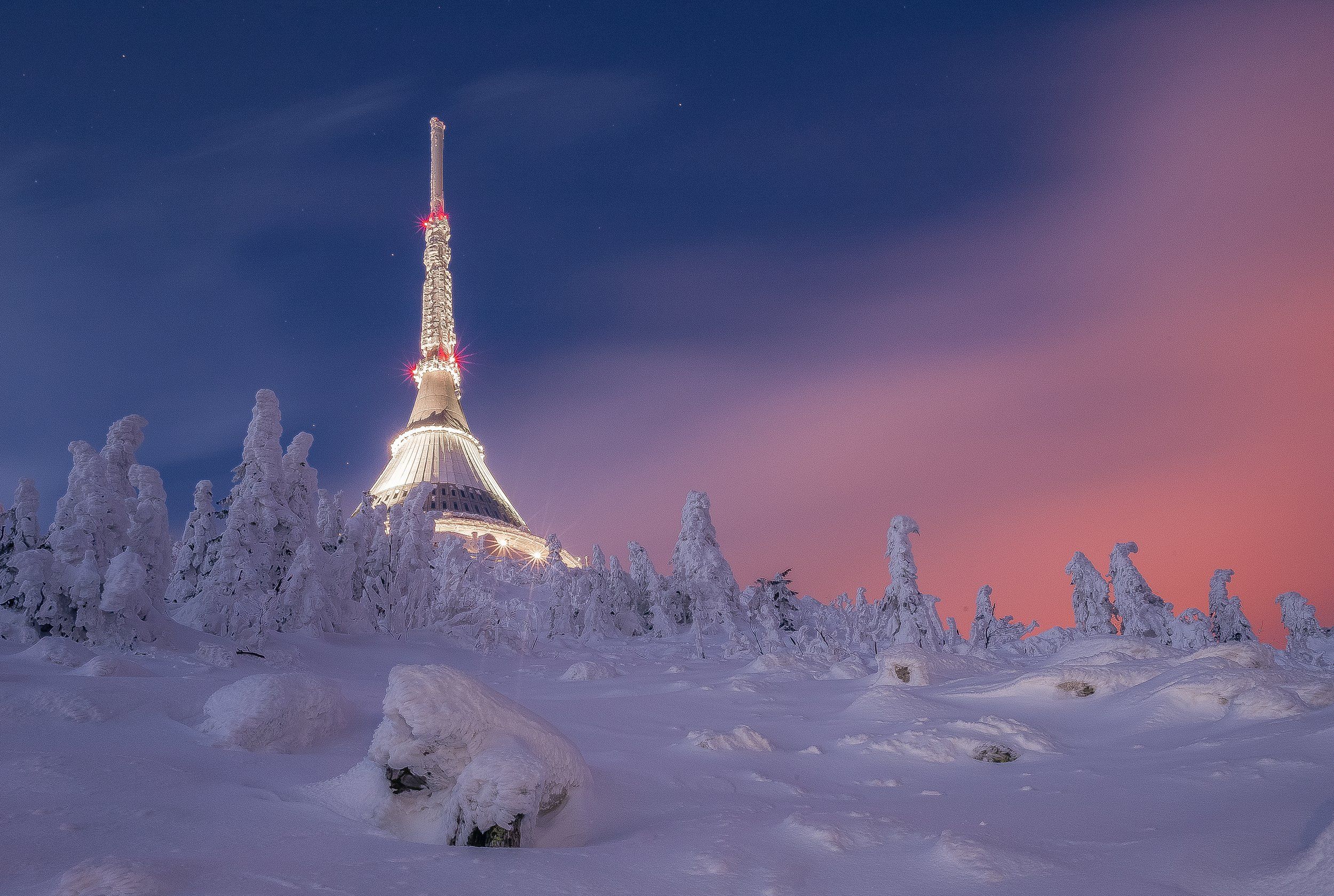 Ještěd, hory, mountains, sníh, snow, frost, mráz, cool, cold, color, sky, stars., Stanislav Judas