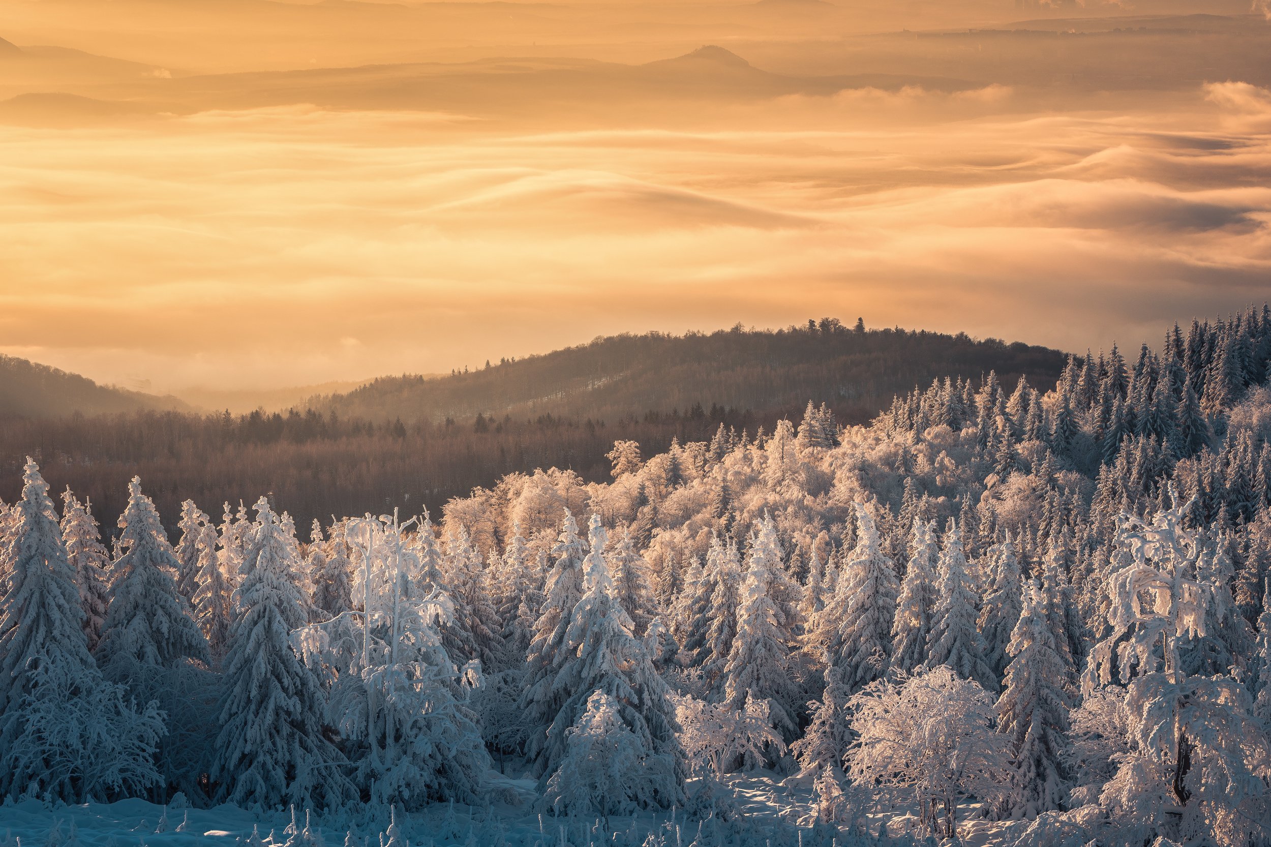 Sunrise, landscape, winter, snow, sun, light, nature, czech republic, fog, mist, Luboš Prchal