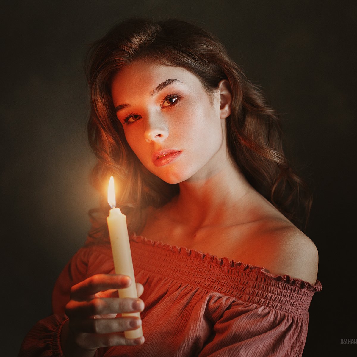 свеча, портрет, девушка, огонь, ночь, пламя, свечи, Антон Жилин