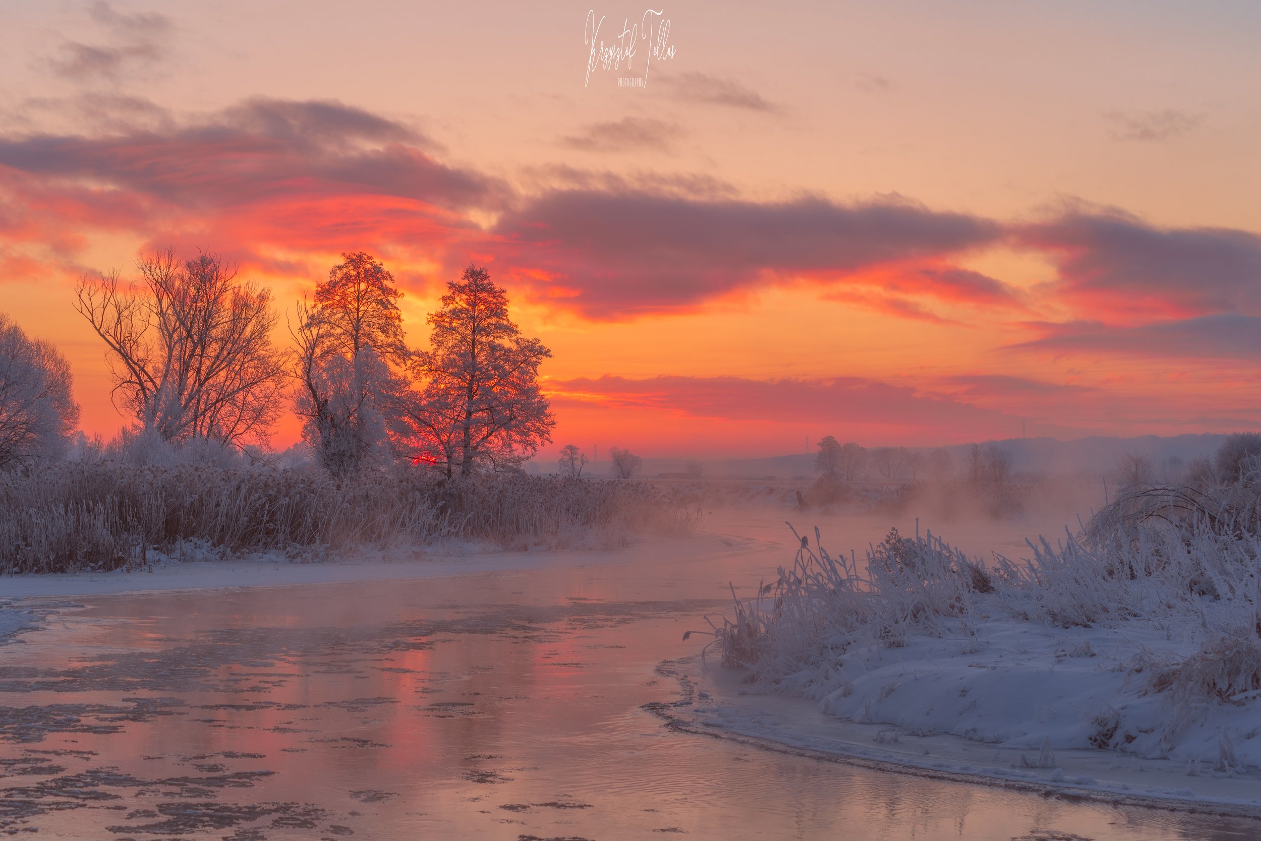 winter, sunrise, snow, fog, atmosphere, landscape, the Gwda river, light, sky, clouds, reflection in the water, nikon, frost, trees, dawn, nature, Krzysztof Tollas