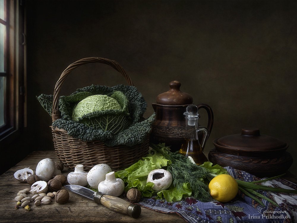 натюрморт, вегетарианство, овощи, кухонный стол, винтажный, савойская капуста, Ирина Приходько