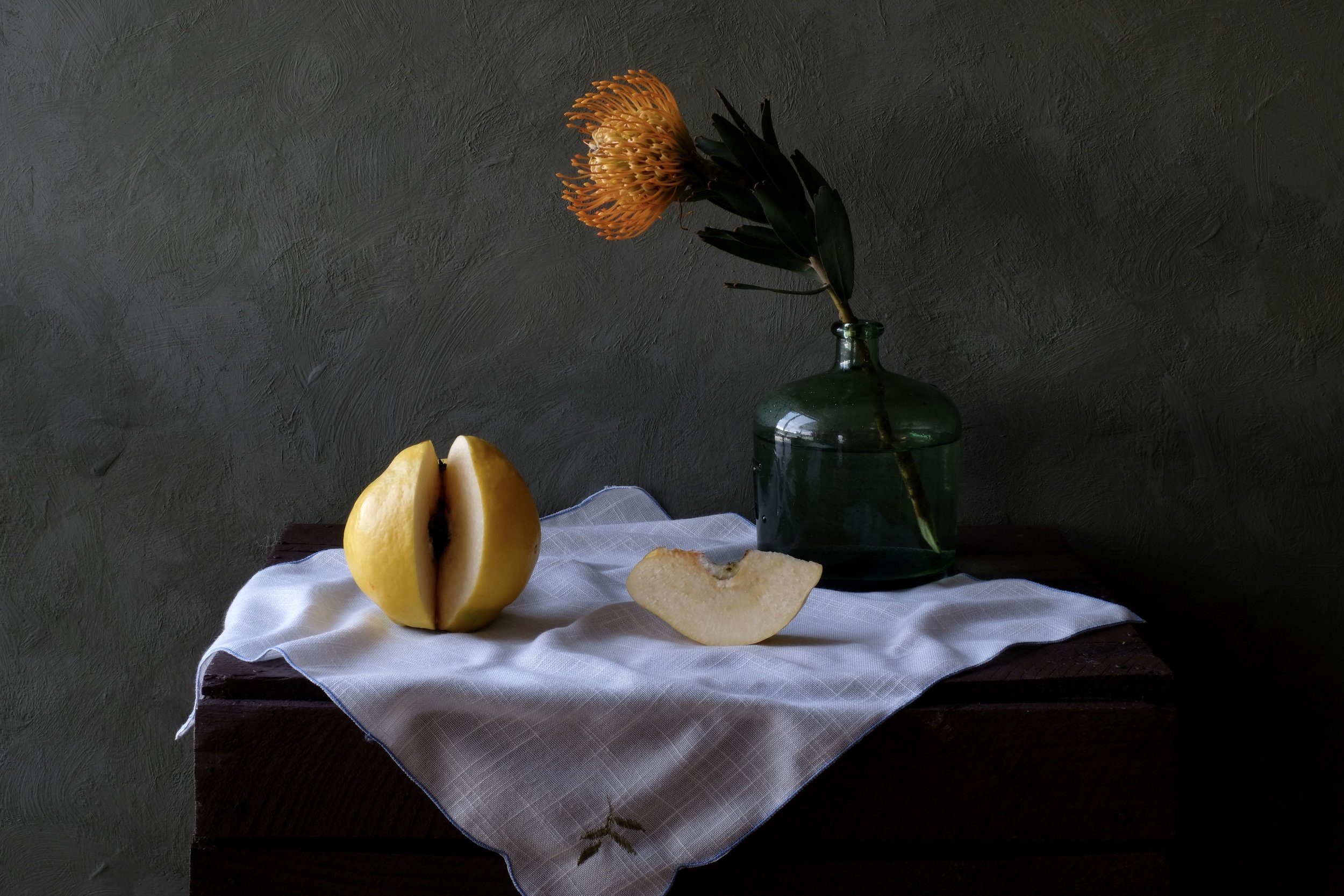 Still life, fruit, quince, protea, glass, yellow, orange, colors, flora, minimalism, , Svetlana Povarova Ree