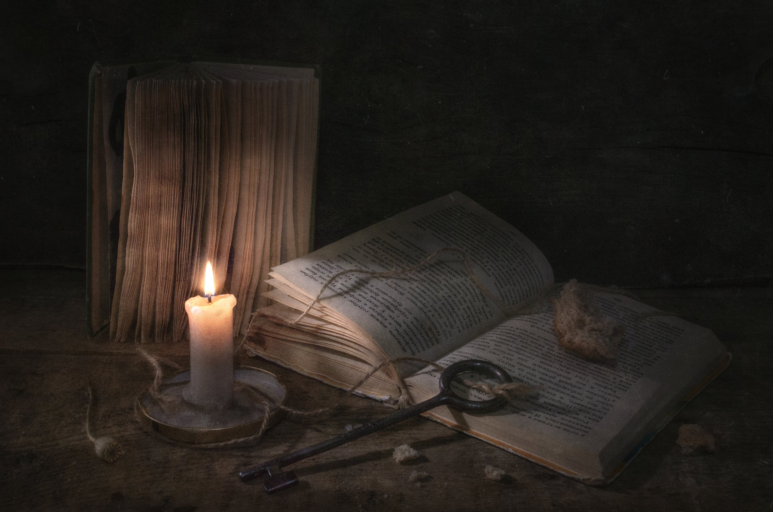 свет,чтение,книги,тёмный,вечер,свеча,пламя,огарок,ключ,корка хлеба,знания, Владимир Володин