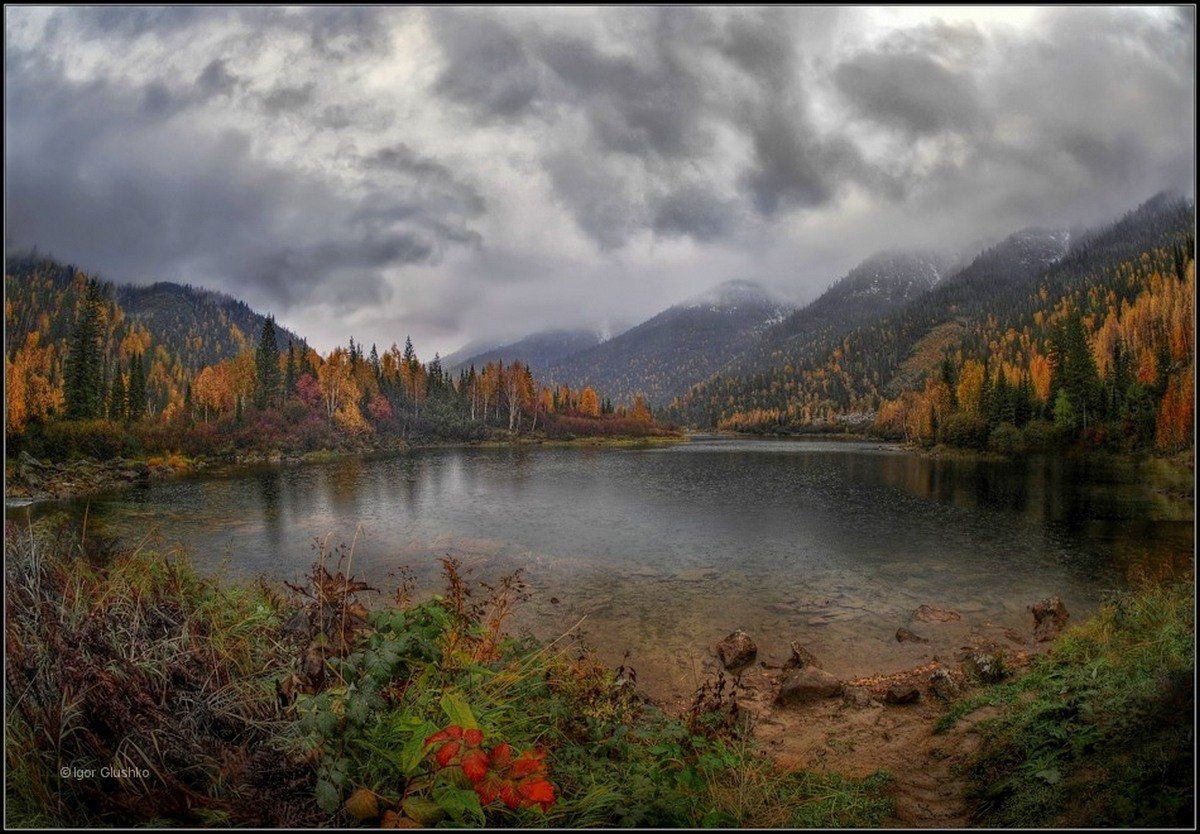 горы, озеро, вода, дождь, лес, тайга, берег, осень, Игорь Глушко