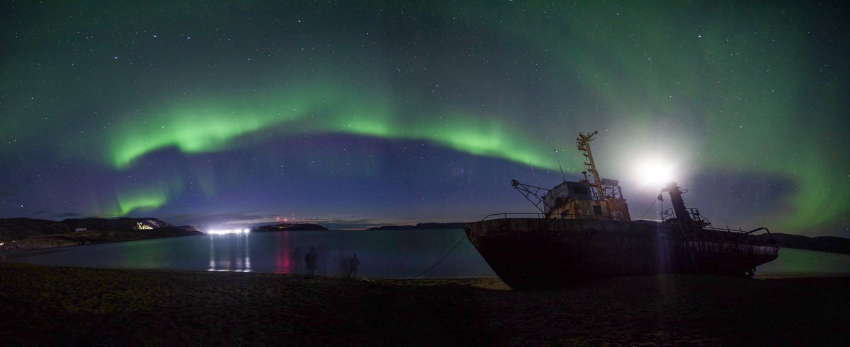 панорама, северное сияние, териберка, море, корабль, ночь, звезды, большая медведица, Сергей Козинцев