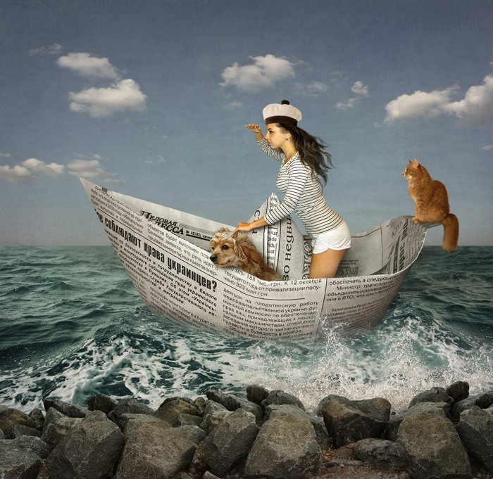 бумажный кораблик, кот, пёс, юмор, Iridi (Ирина Кузнецова)