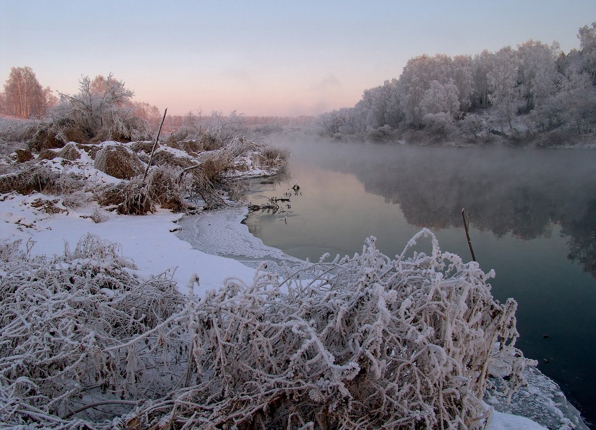 закат, зима, река, снег, туман, Svetlana Popova