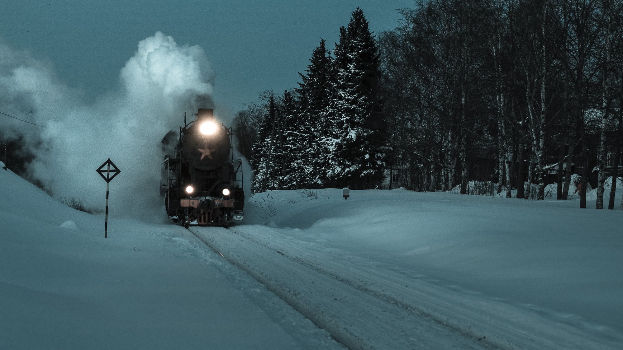 зима, карелия, паровоз, ретропоезд, сортавала, снег, ночь, Валерий Верещако