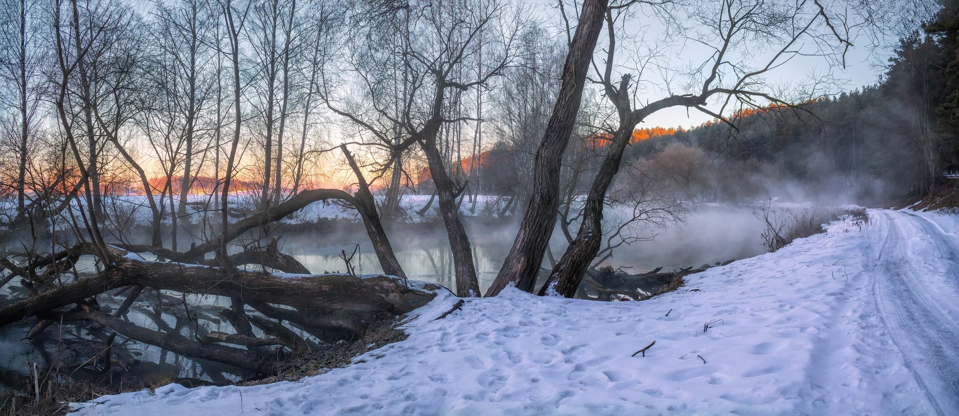 зима, рассвет, река,дымка, лес, панорама,, Сергей Шабуневич
