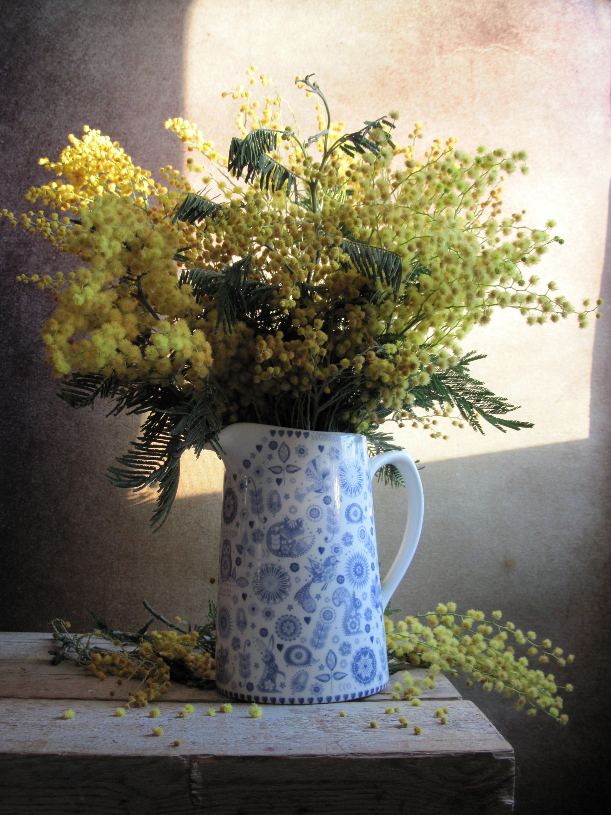 цветы, букет, мимоза, кувшин, фарфор, Наталия Тихомирова