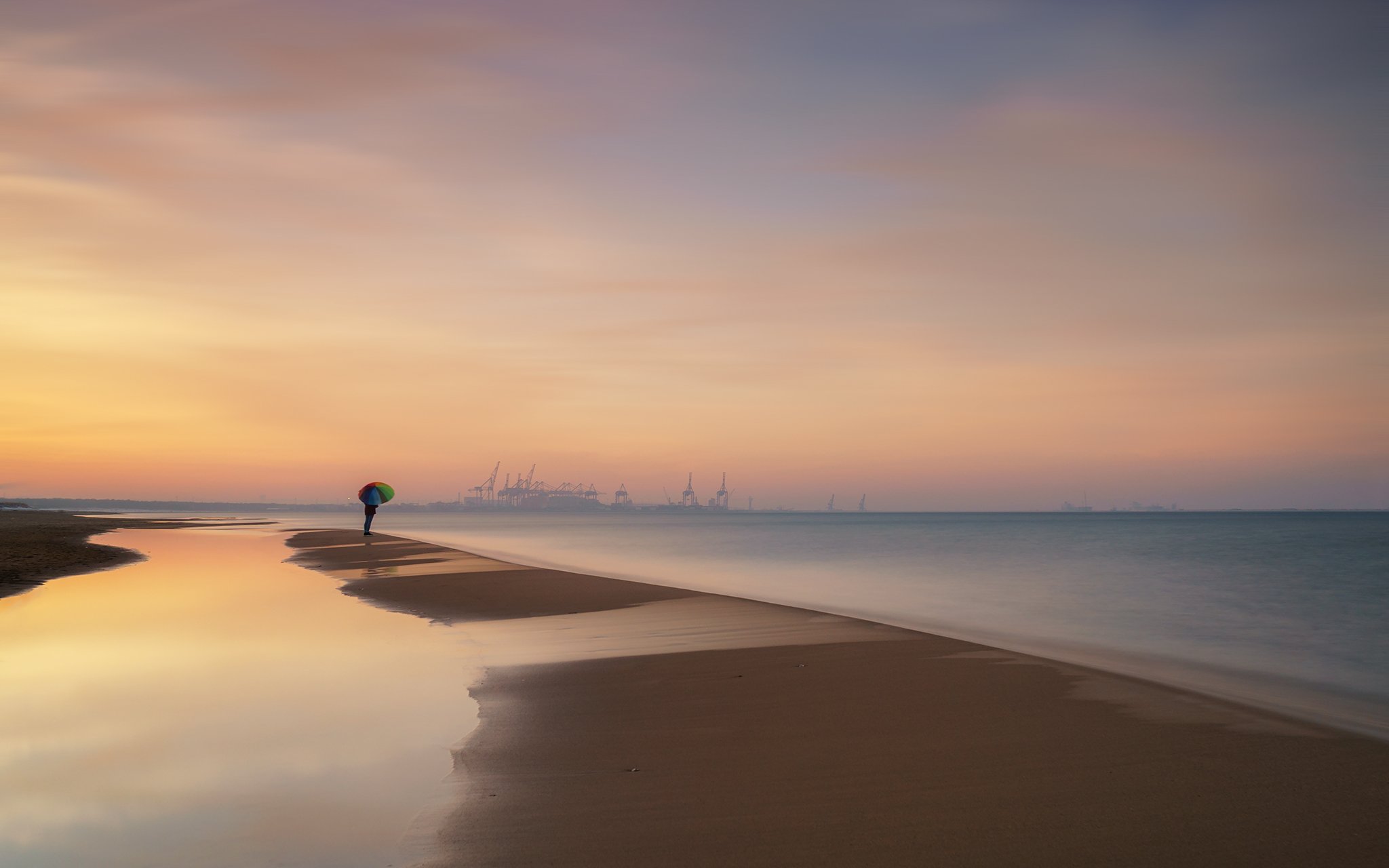 sea, port, febuary, girl, umbrella, sunset, Lukasz Zugaj