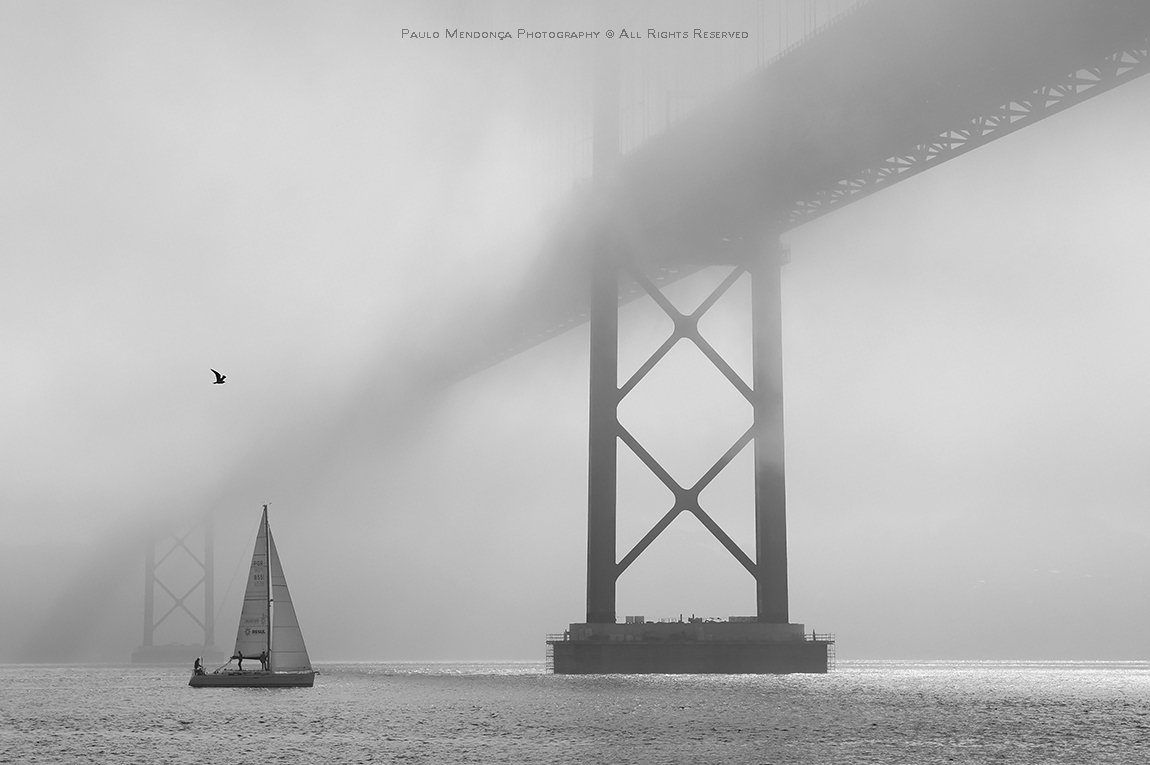 Bridge, Fog, Lisbon, Mist, Portugal, River, Sailboat, Paulo Mendonça
