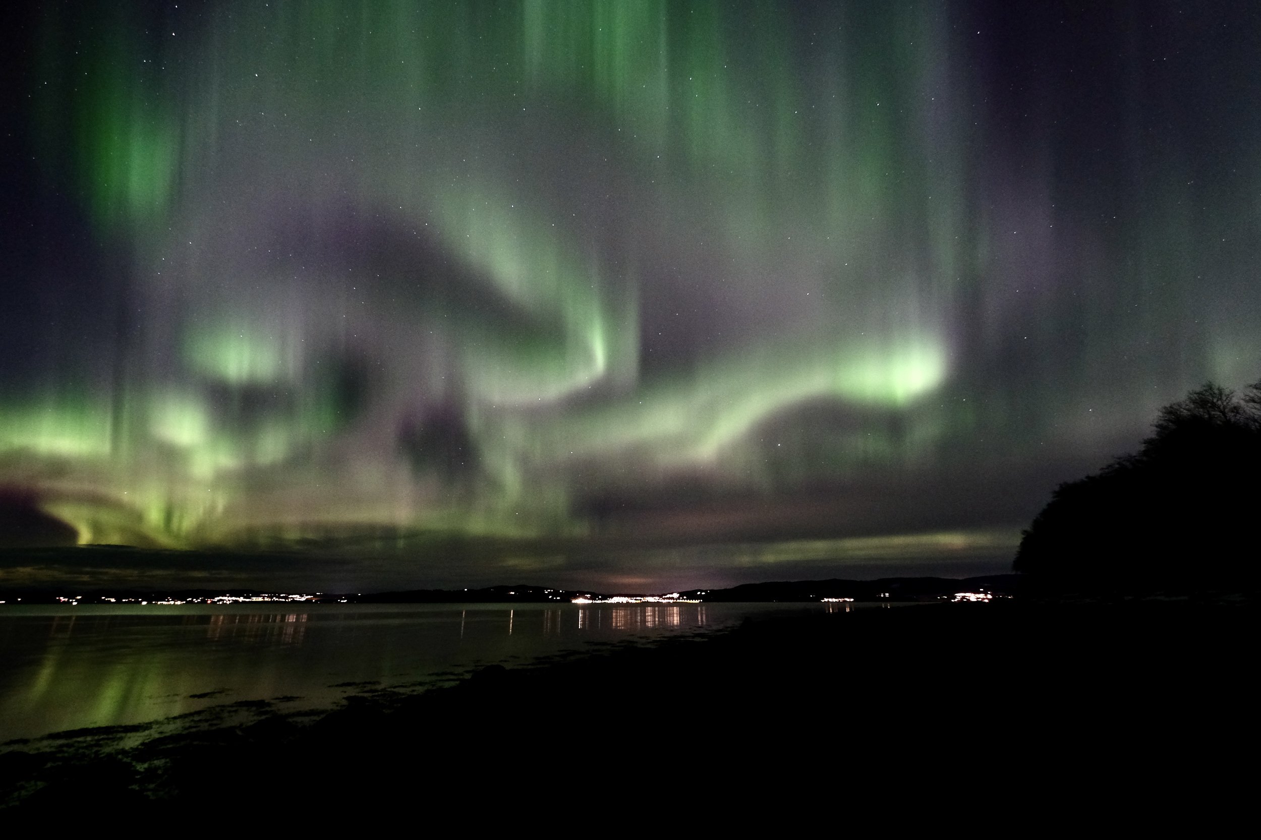 Night, Northern Lights, Aurora Borealis, nature, Norway, fjord, Trondheimsfjorden, landscape, water, colors, reflection, stars, , Svetlana Povarova Ree