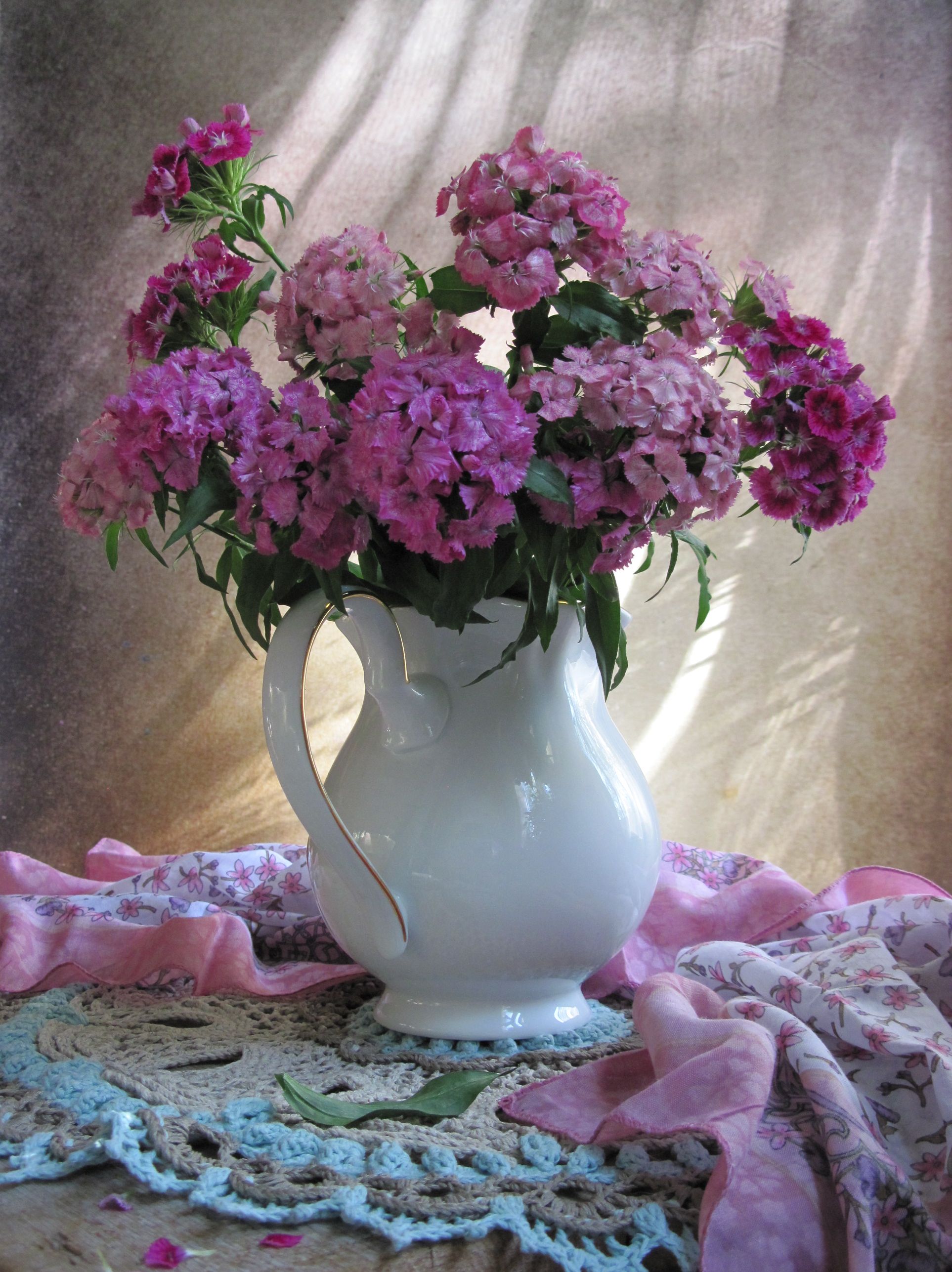 цветы, букет, гвоздика, кувшин, салфетка, платок. тень, розовый цвет, Наталия Тихомирова