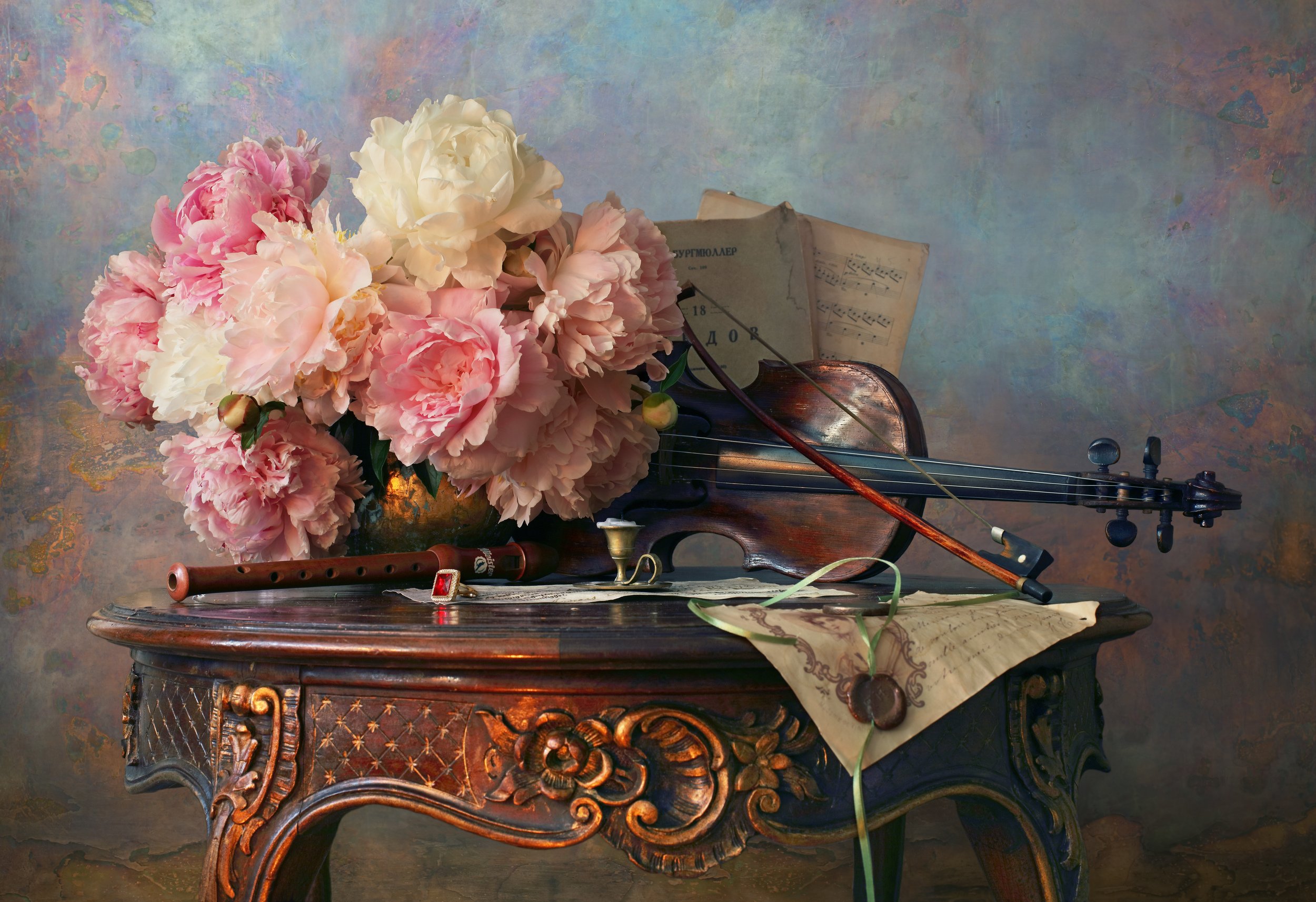 скрипка, музыка, цветы, пионы, Андрей Морозов