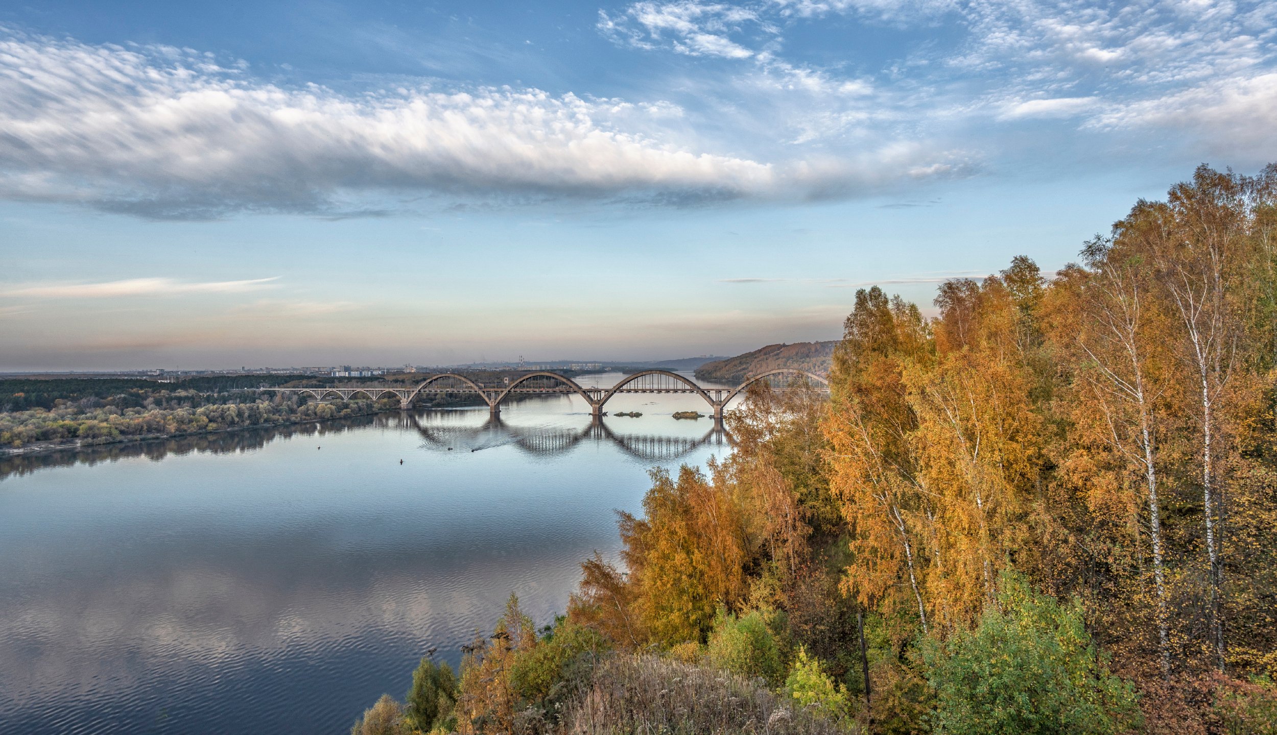 мост река осень небо берег деревья, Андрей Колесов