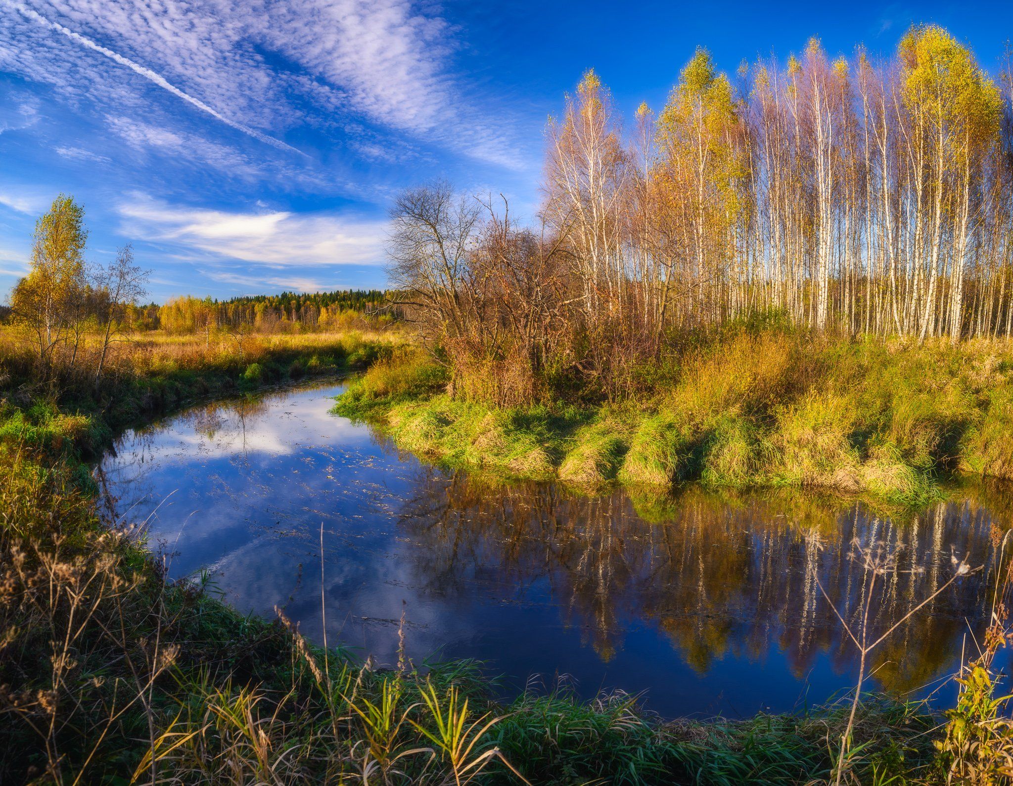 Осень, река, отражение, лес, облака, Клязьма, Сергей Пестерев