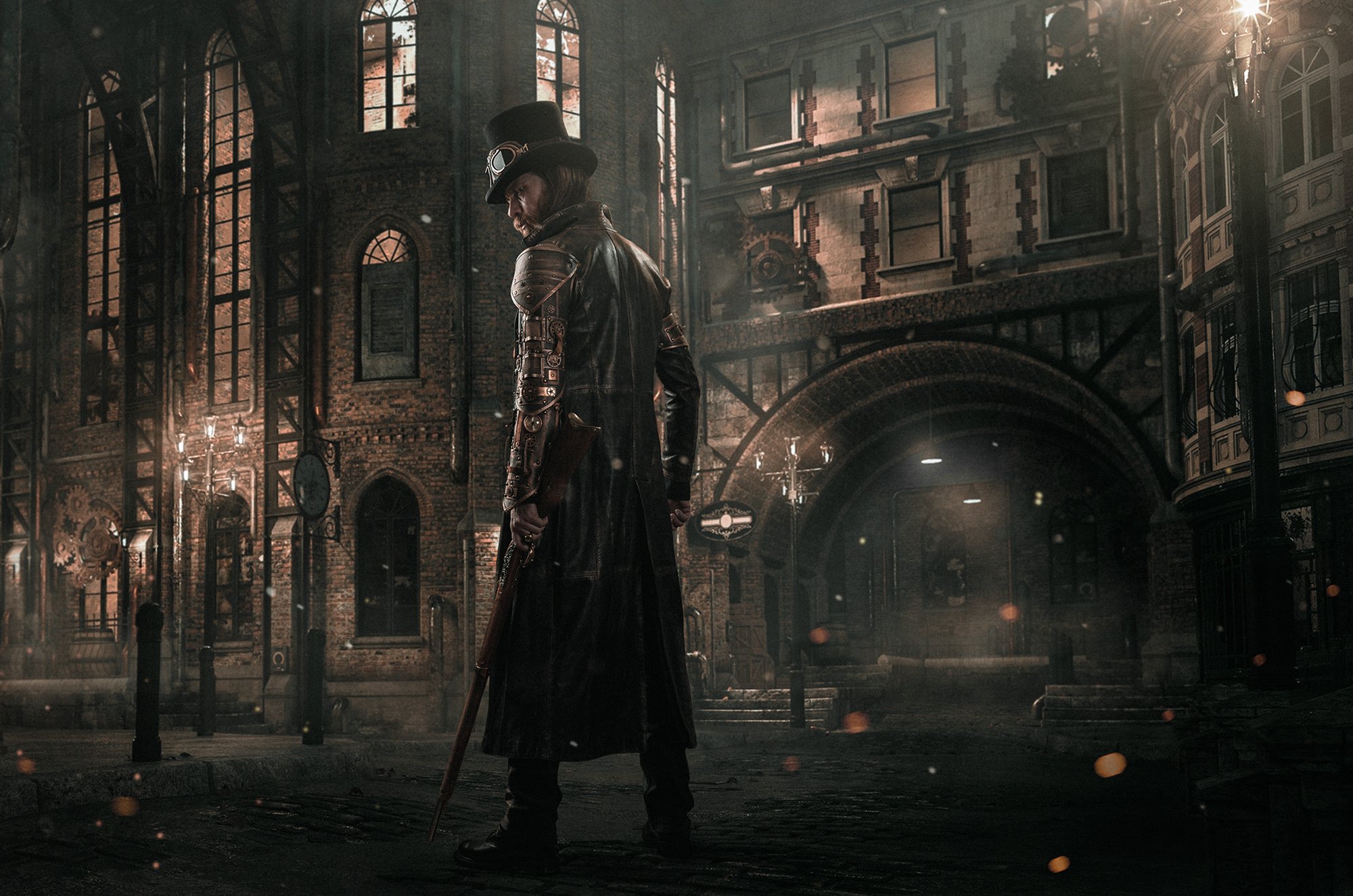 steampunk,man,portrait,dramatic,moody,dark,cinematic,composite,city,fantasy,sony,gun,night,, Przemyslaw Koch