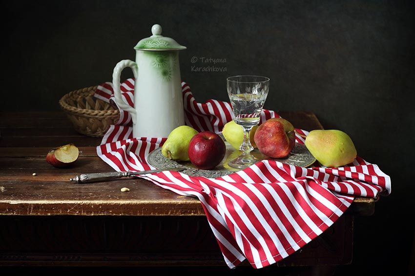 натюрморт, яблоки, груши, кувшин, салфетка, Tatyana Karachkova