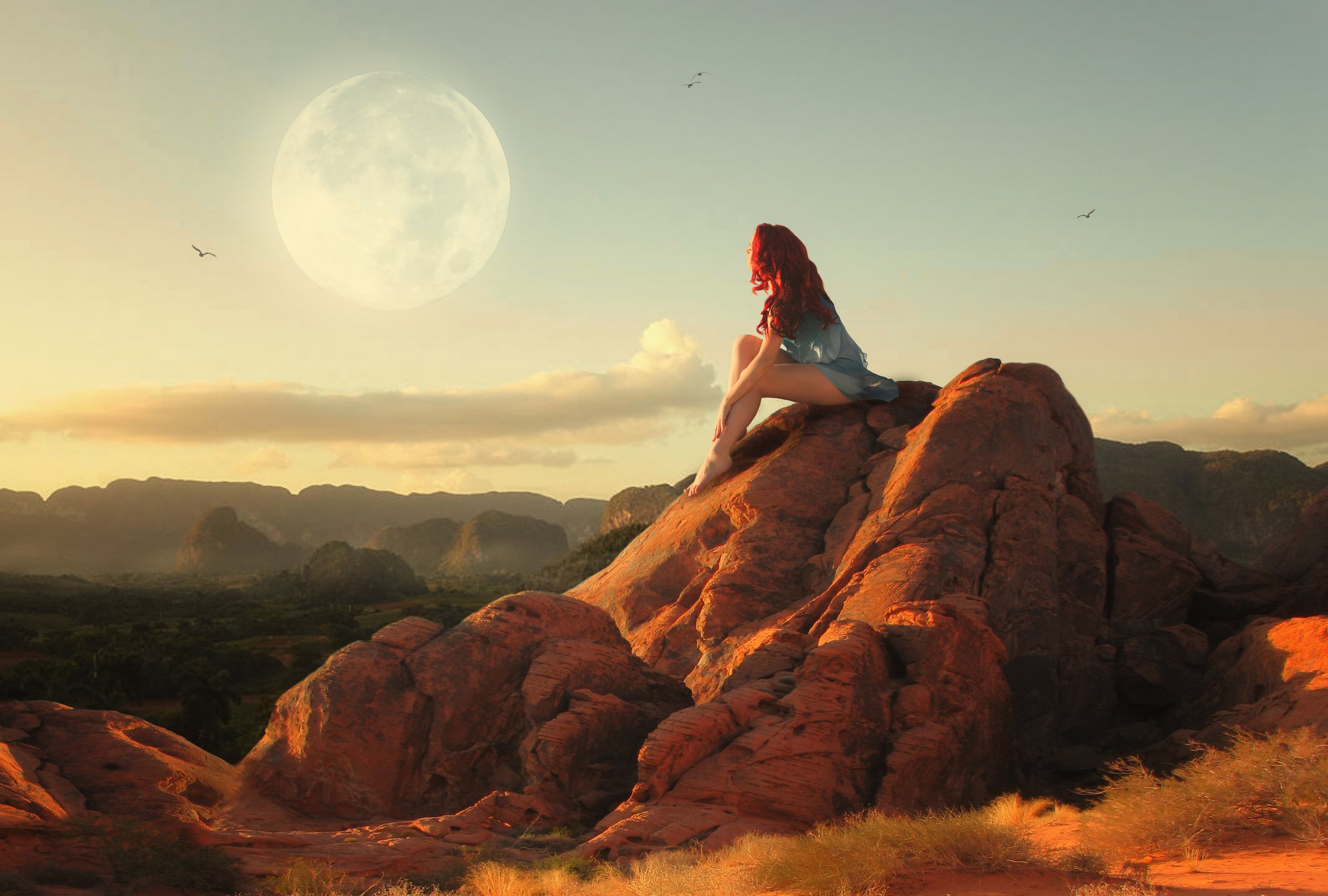 девушка, луна, горы, Sergii Vidov