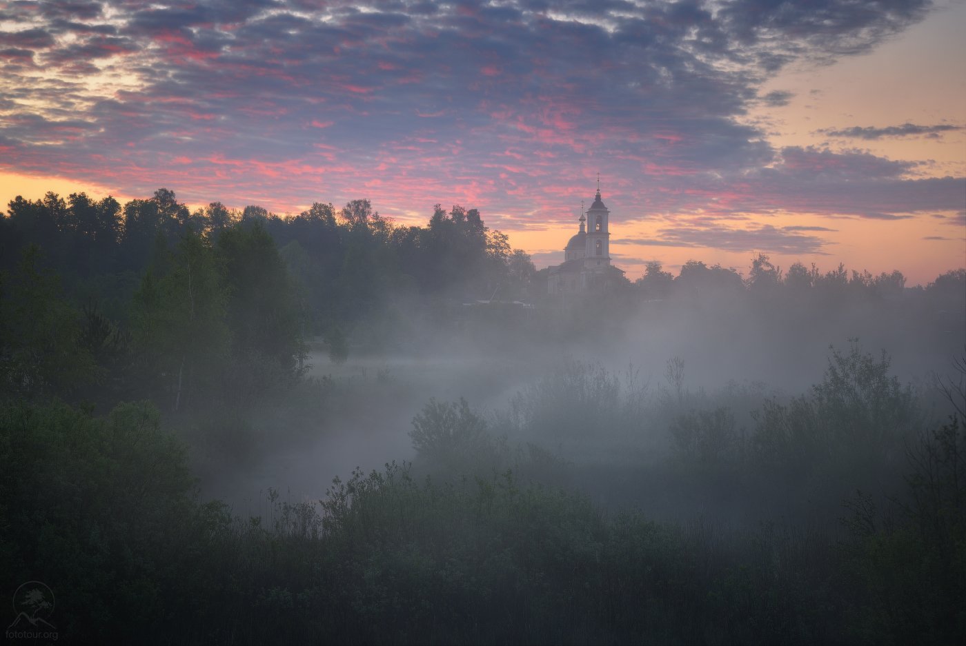 пейзаж, природа, утро, туман, церковь, Анатолий Гордиенко