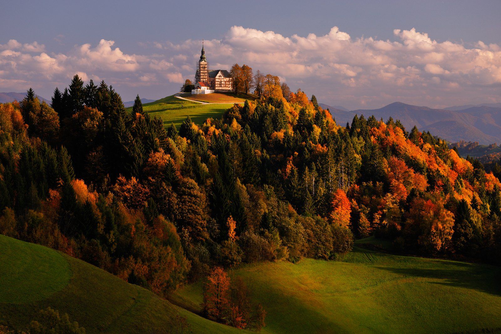 autumn, church, tree, forest, mountain, slovenia, cloud, light, sunset, Jacek Lisiewicz
