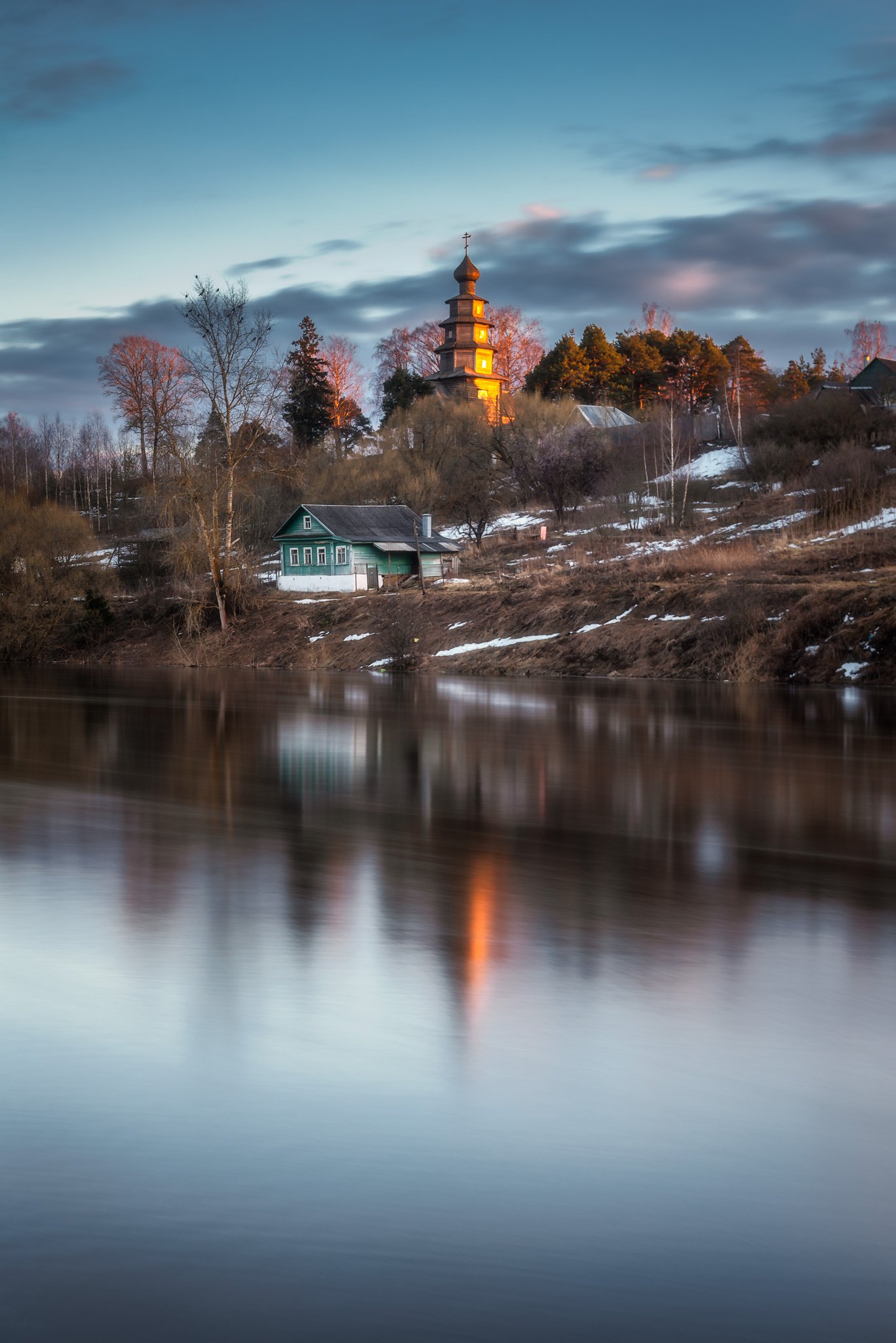торжок, закат, тверца, деревянный храм, Андрей Баскевич