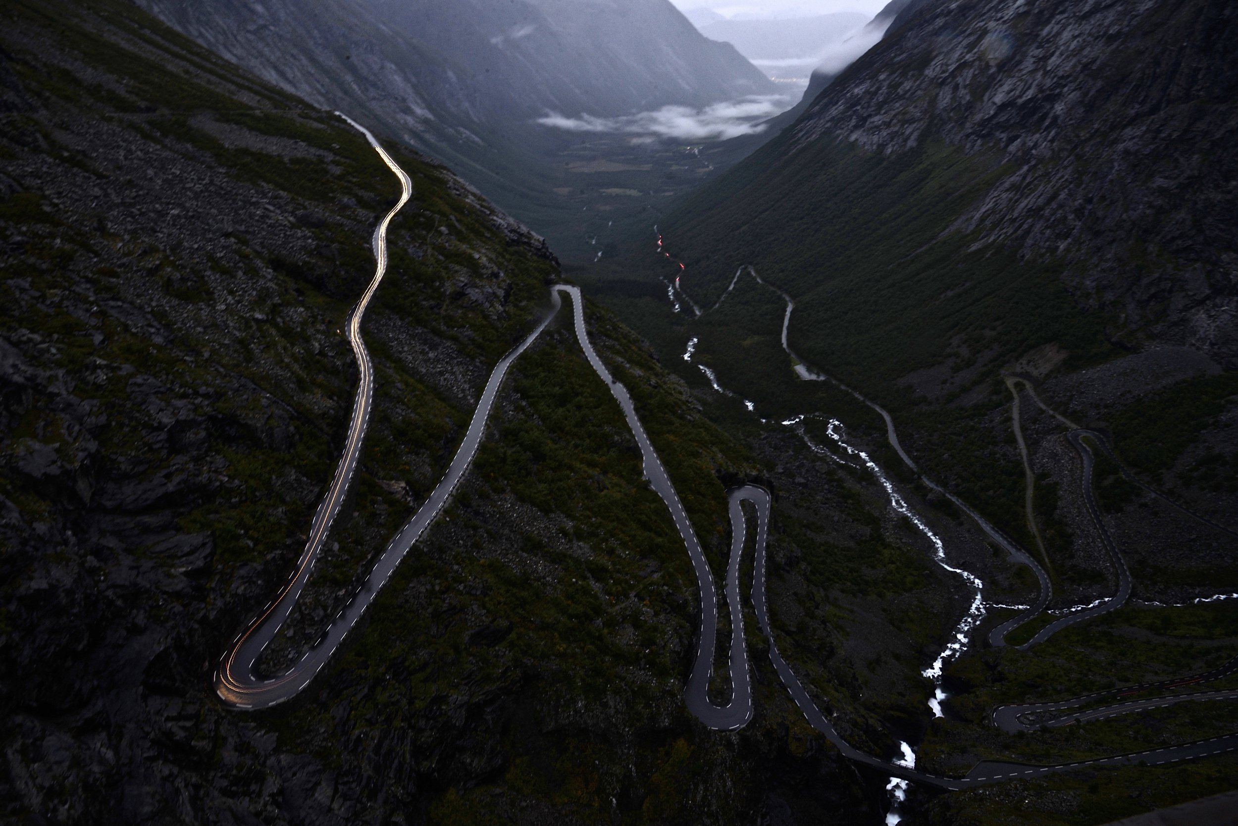 Landscapes, nature, Norway, Trollstigen, night, mountain, view, river, winding road, , Svetlana Povarova Ree