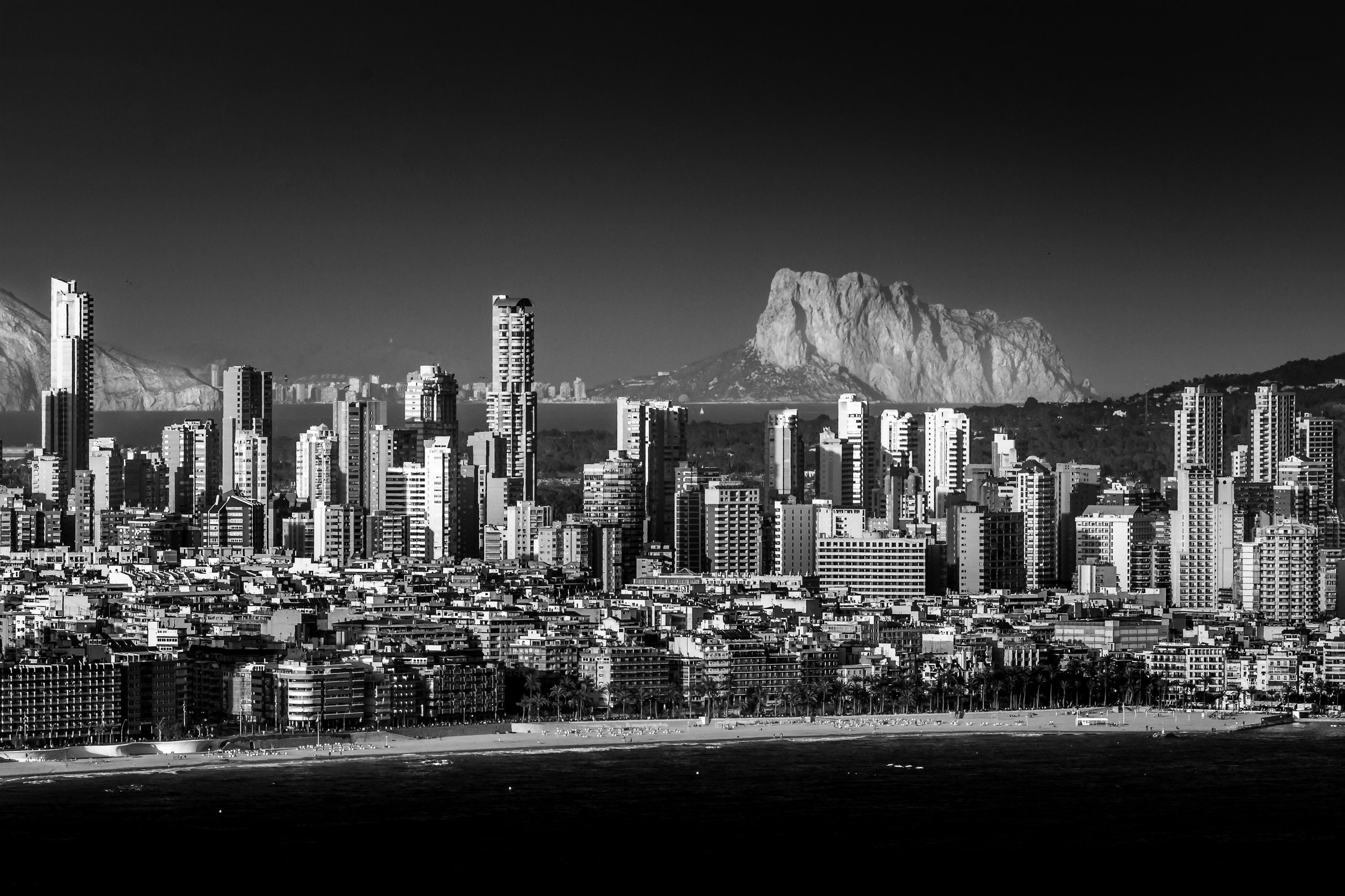 City, Spain, Benidorm, Costa blanca, Sea, Black and white, Edgaras Vaicikevicius