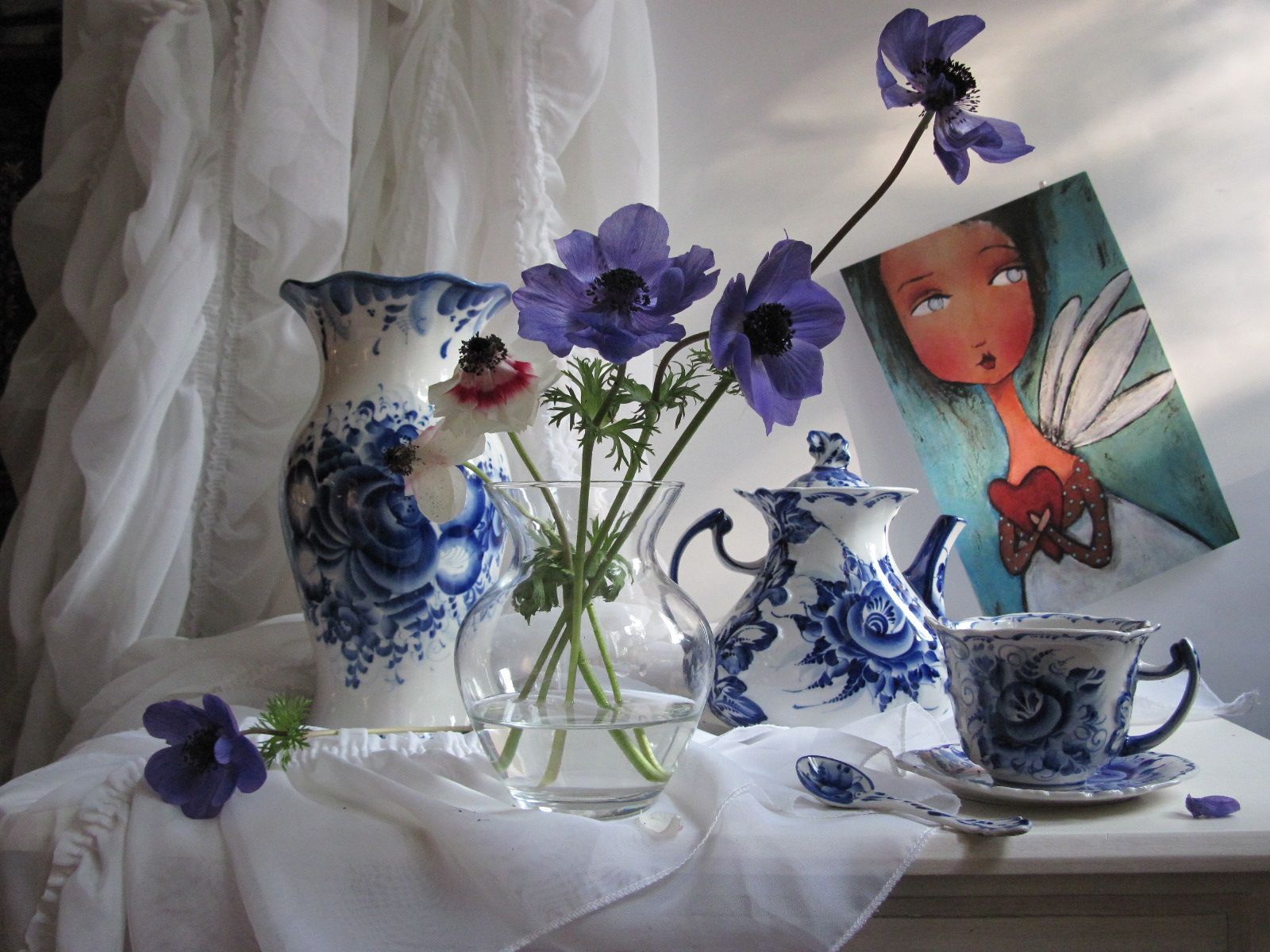 цветы, букет, анемоны, посуда, гжель, штора, картинка, ангел , Наталия Тихомирова