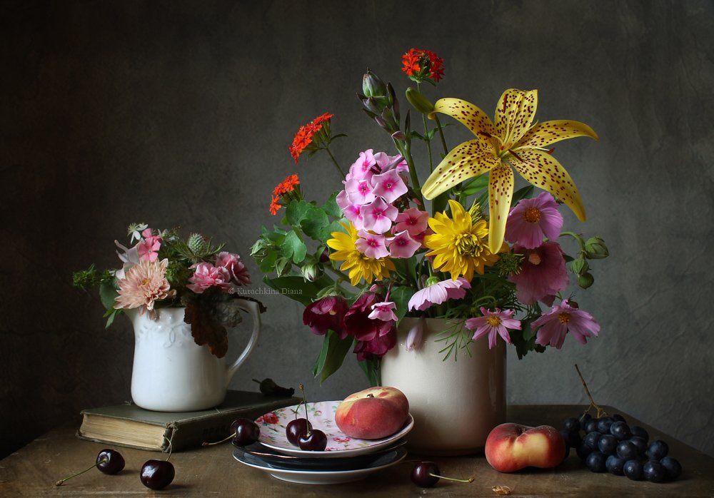 натюрморт, цветы, фрукты, лето, Курочкина Диана