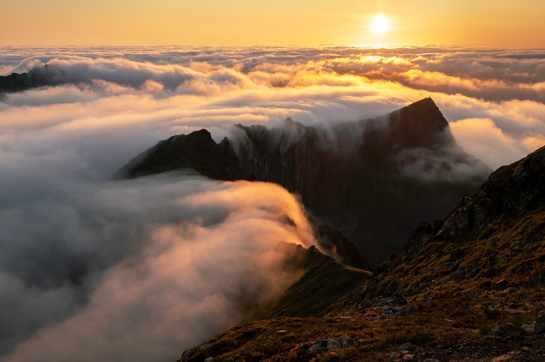Senja, Norway, Sun, Midnight, Clouds, Fog, Mountains, Стас