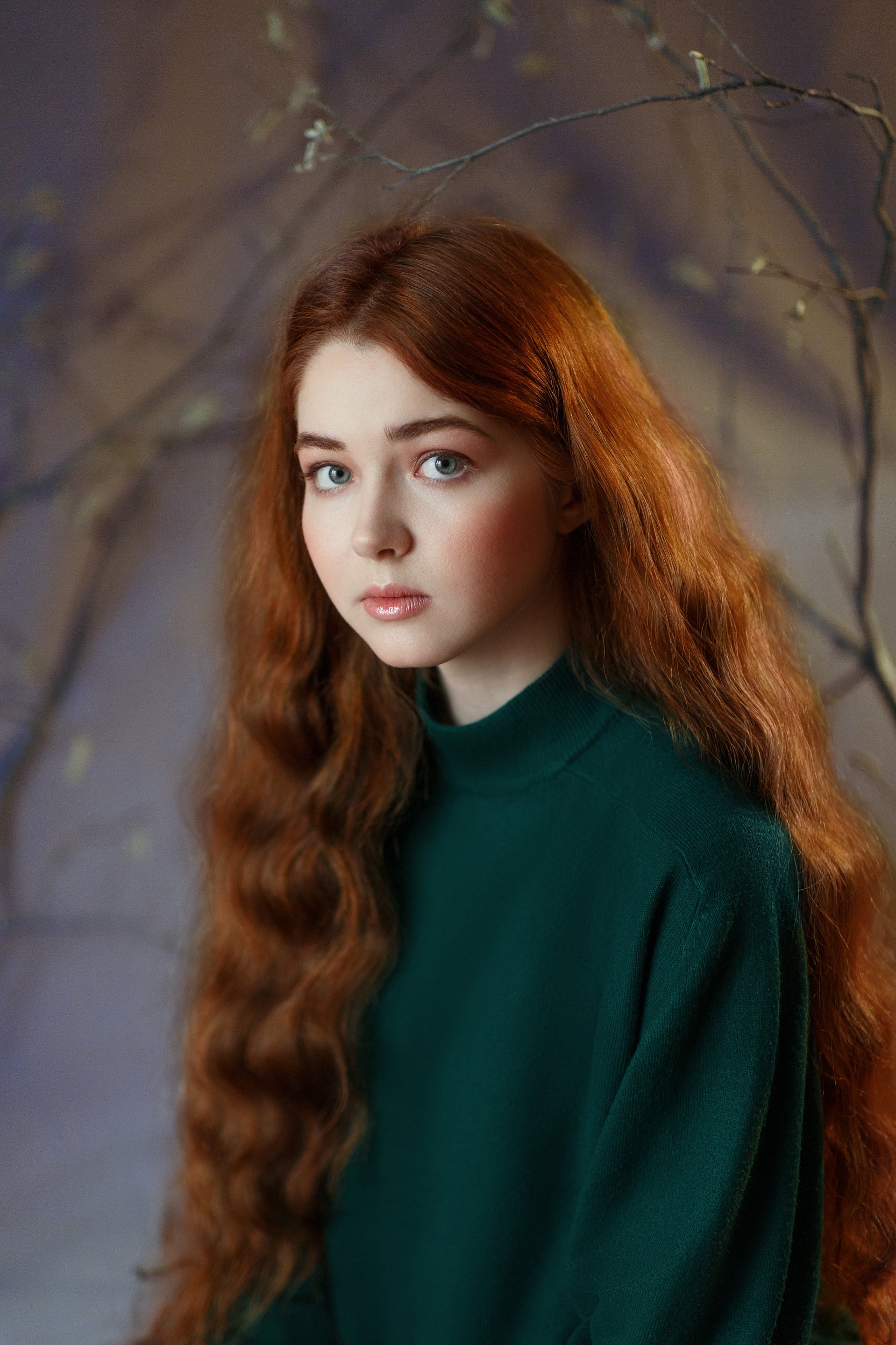 Рыжая, длинные волосы, зеленые глаза, нежная, юная, девушка, студия, весна, Оксана Ведмеденко