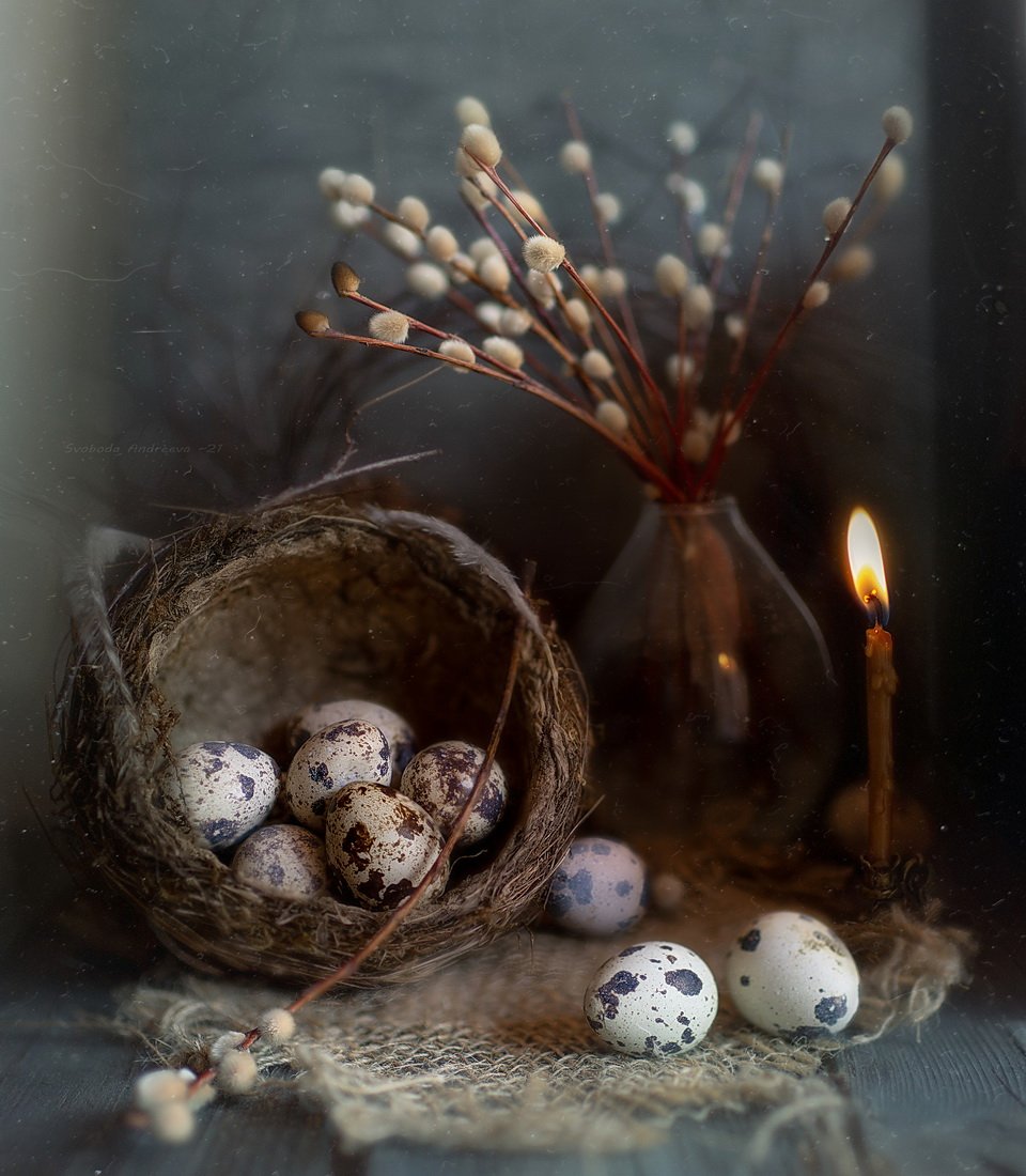 верба свеча воскресенье вербное ваза стекло яйца перепелиные, Svoboda Andreeva