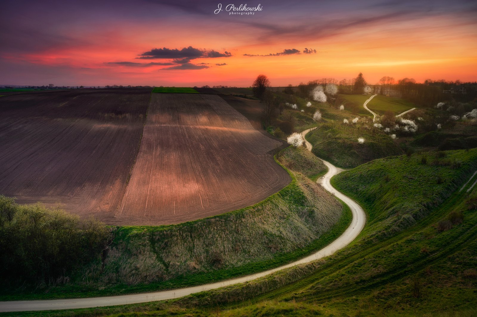 countryside, sunset, fields, spring, Jakub Perlikowski