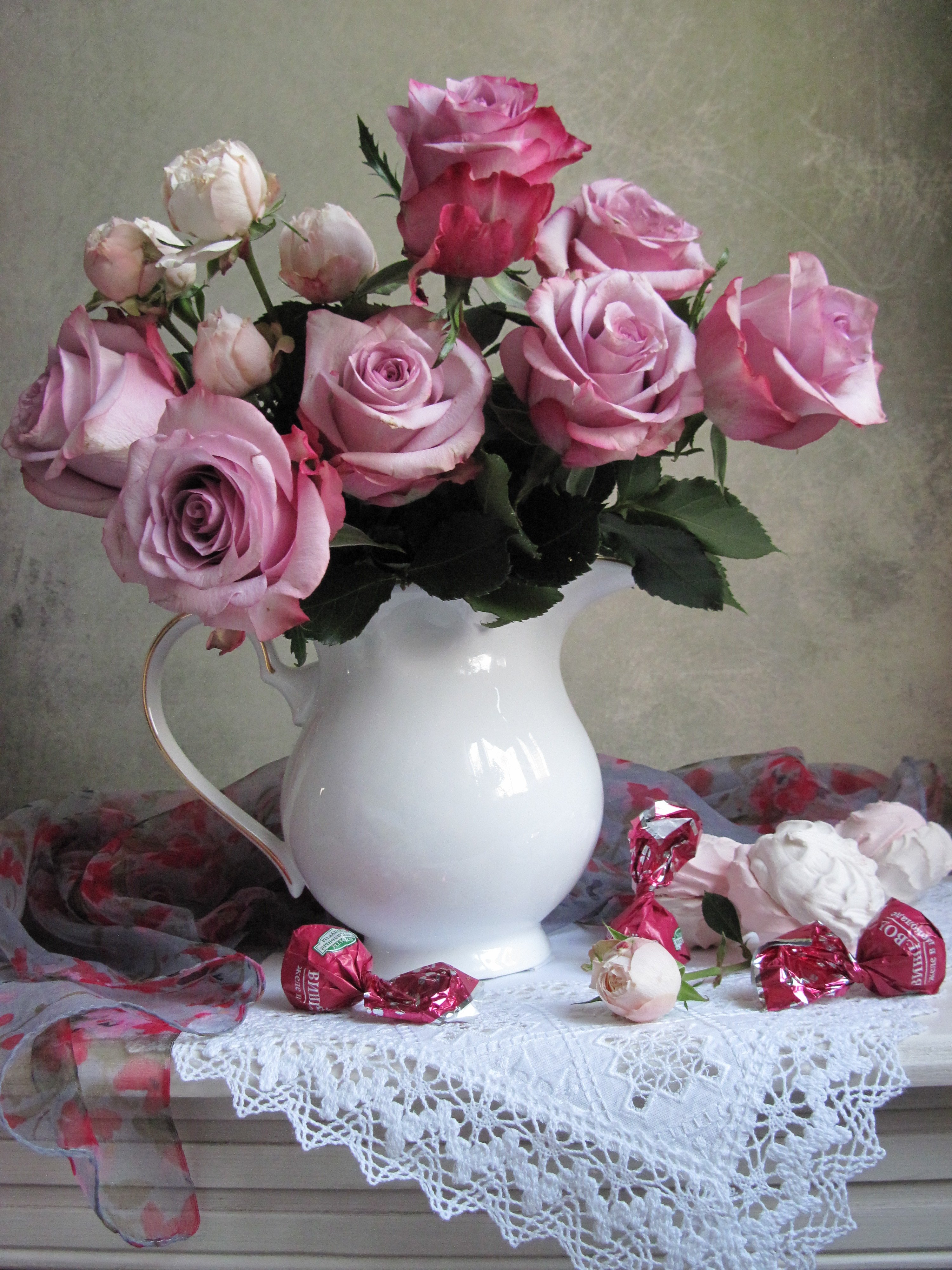 цветы, букет, розы, конфеты, зефир, шарф, Наталия Тихомирова