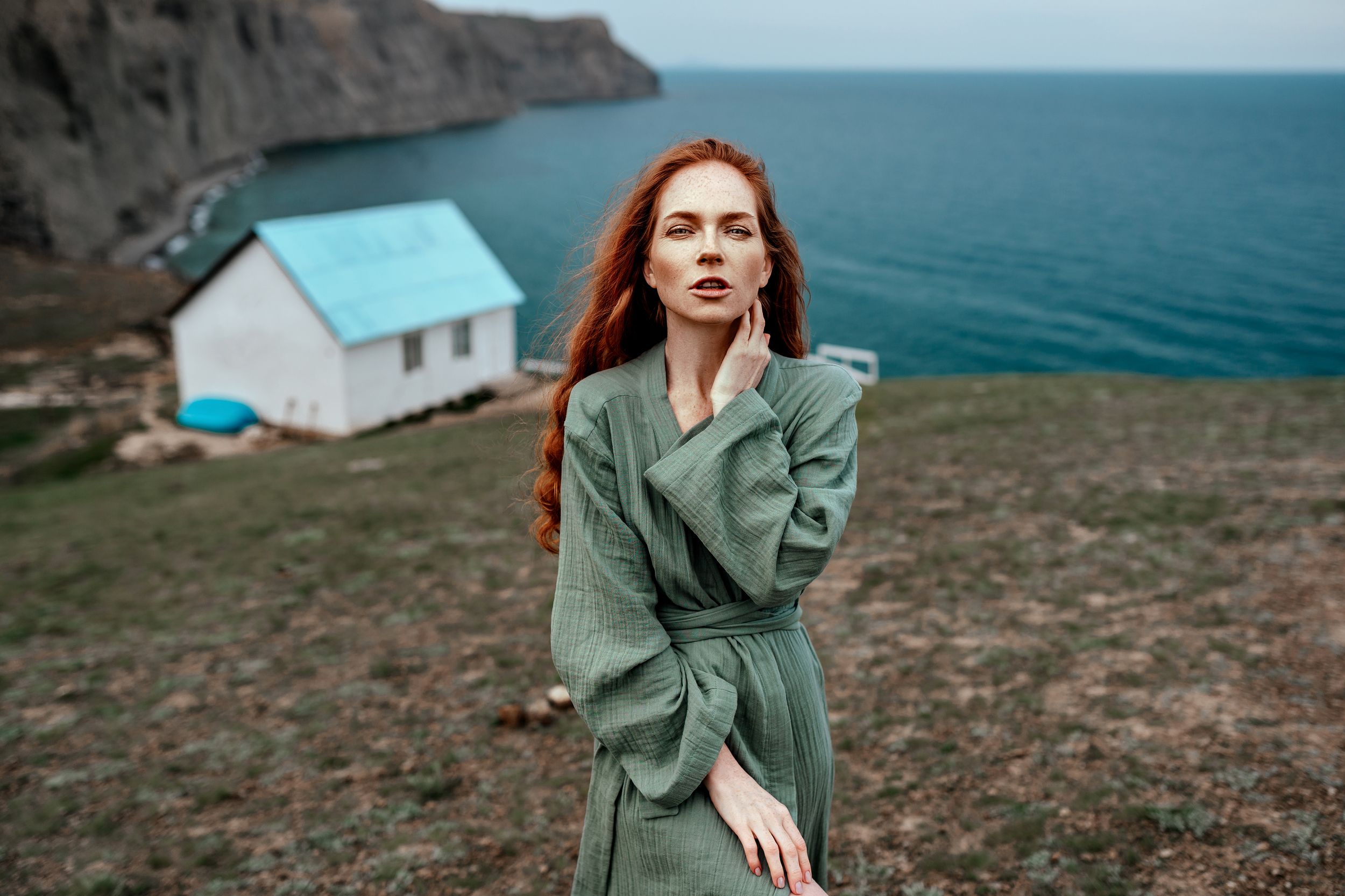 girl, summer, portrait, face, house, white, redhead, mountais, mountain, dress, green, Николай Новиков