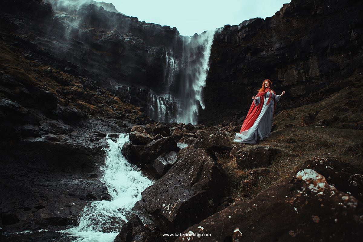 waterfall, fairy, scandinavian, myth, Valkyrie, woman, model, faroe, wild, island, cold,, Катерина Клио